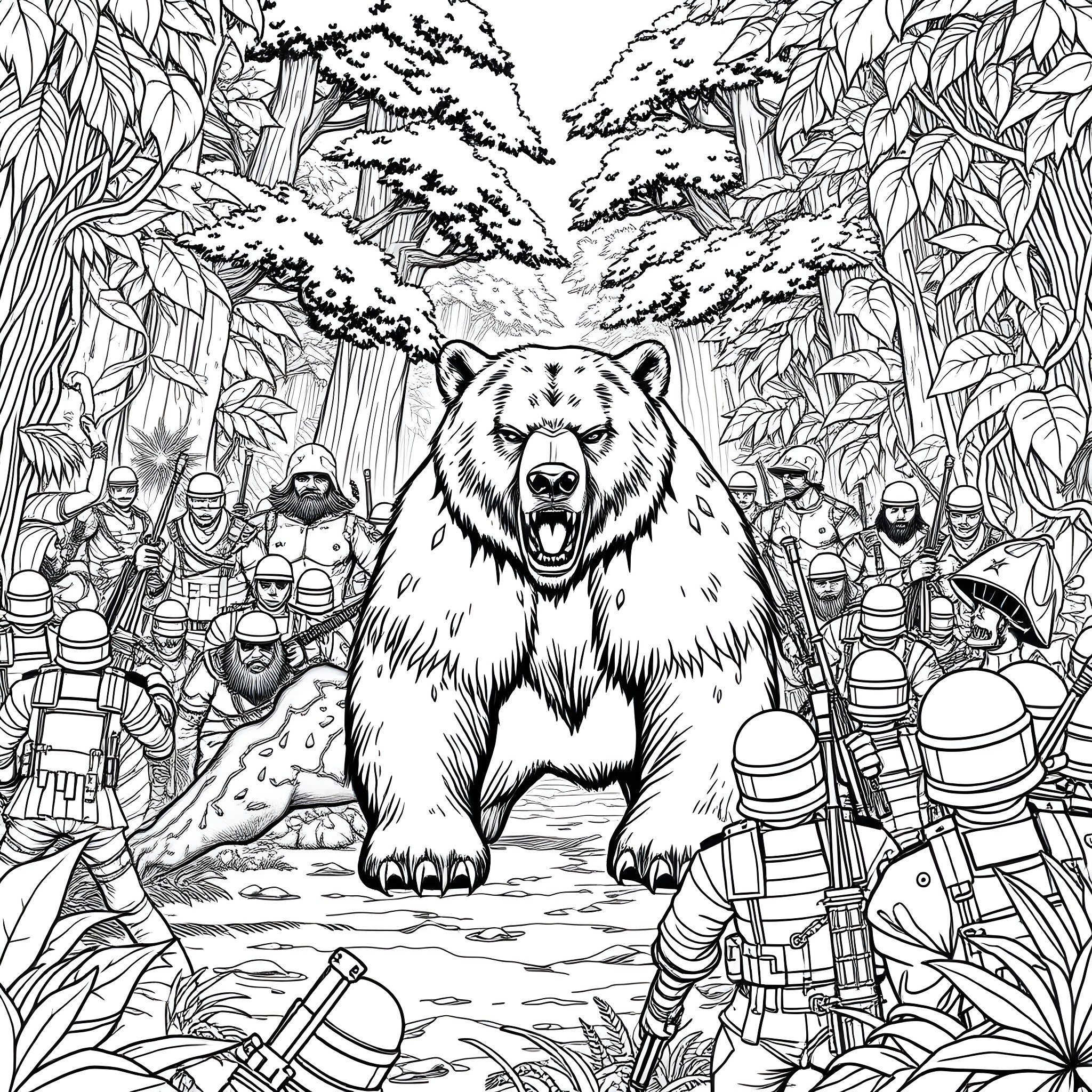 Bear confronts armed soldiers in the forest Coloring Page (free black-and-white line drawing printable PDF for all, from beginners to advanced learners, including children, teens, adults, and seniors)