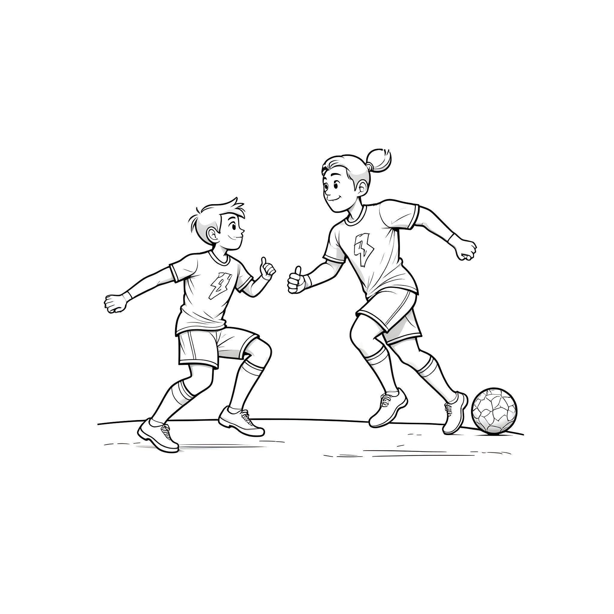 Flash of Young Soccer Players in Action Coloring Page (free black-and-white line drawing printable PDF for all, from beginners to advanced learners, including children, teens, adults, and seniors)