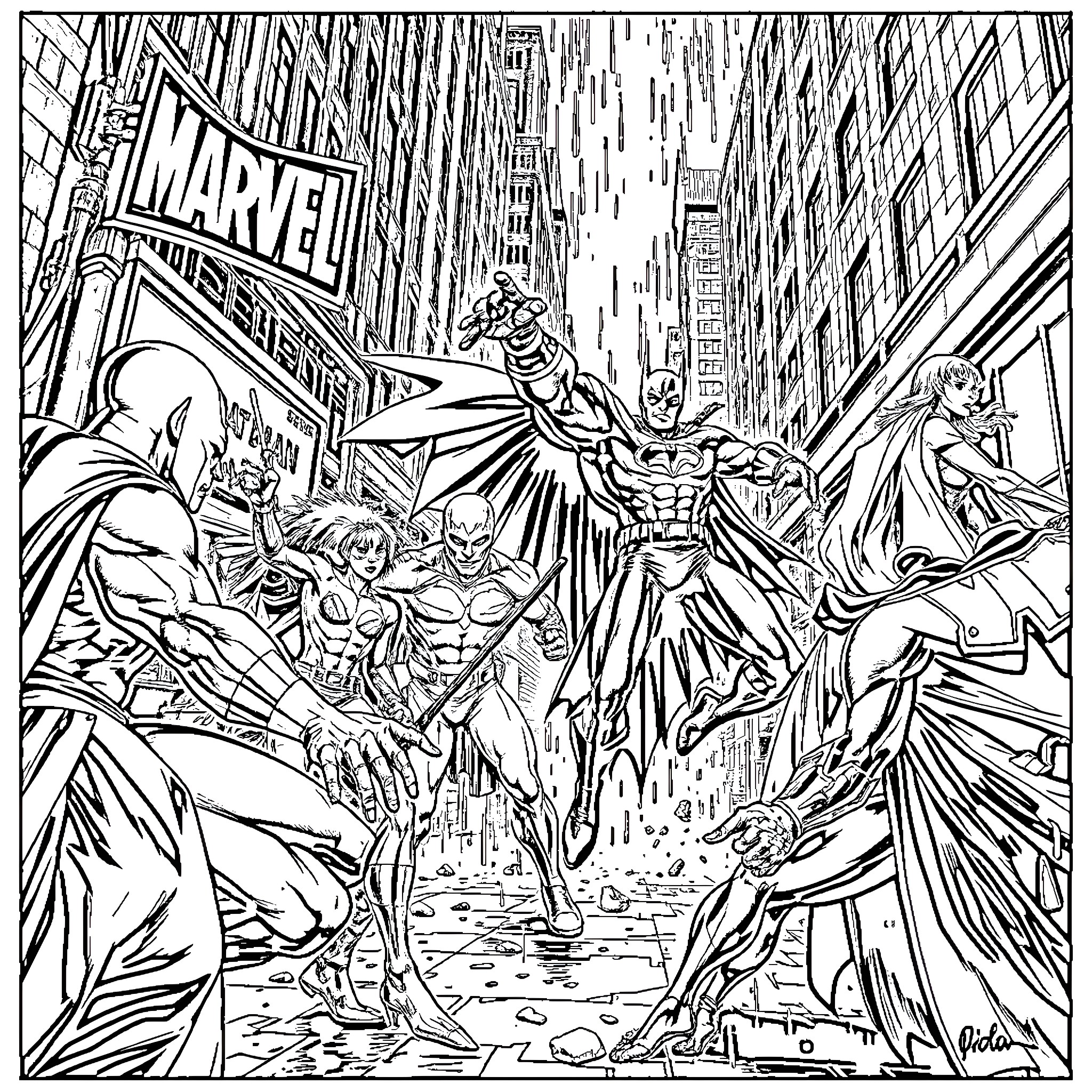 Character Marvel Heroes in Action-Packed City Scene Coloring Page (free black-and-white line drawing printable PDF for all, from beginners to advanced learners, including children, teens, adults, and seniors)