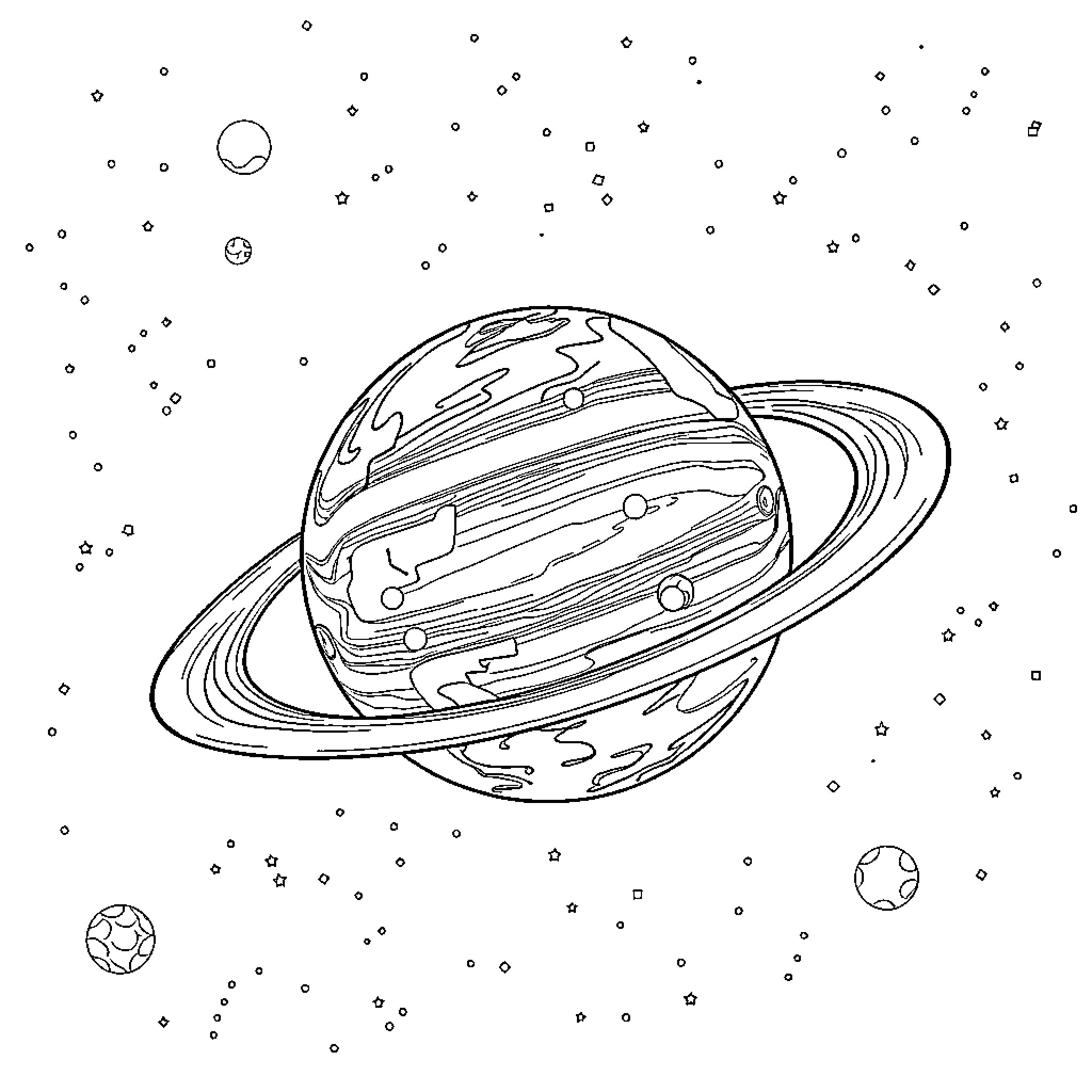 Planet with Rings in the Starry Sky Coloring Page (free black-and-white line drawing printable PDF for all, from beginners to advanced learners, including children, teens, adults, and seniors)