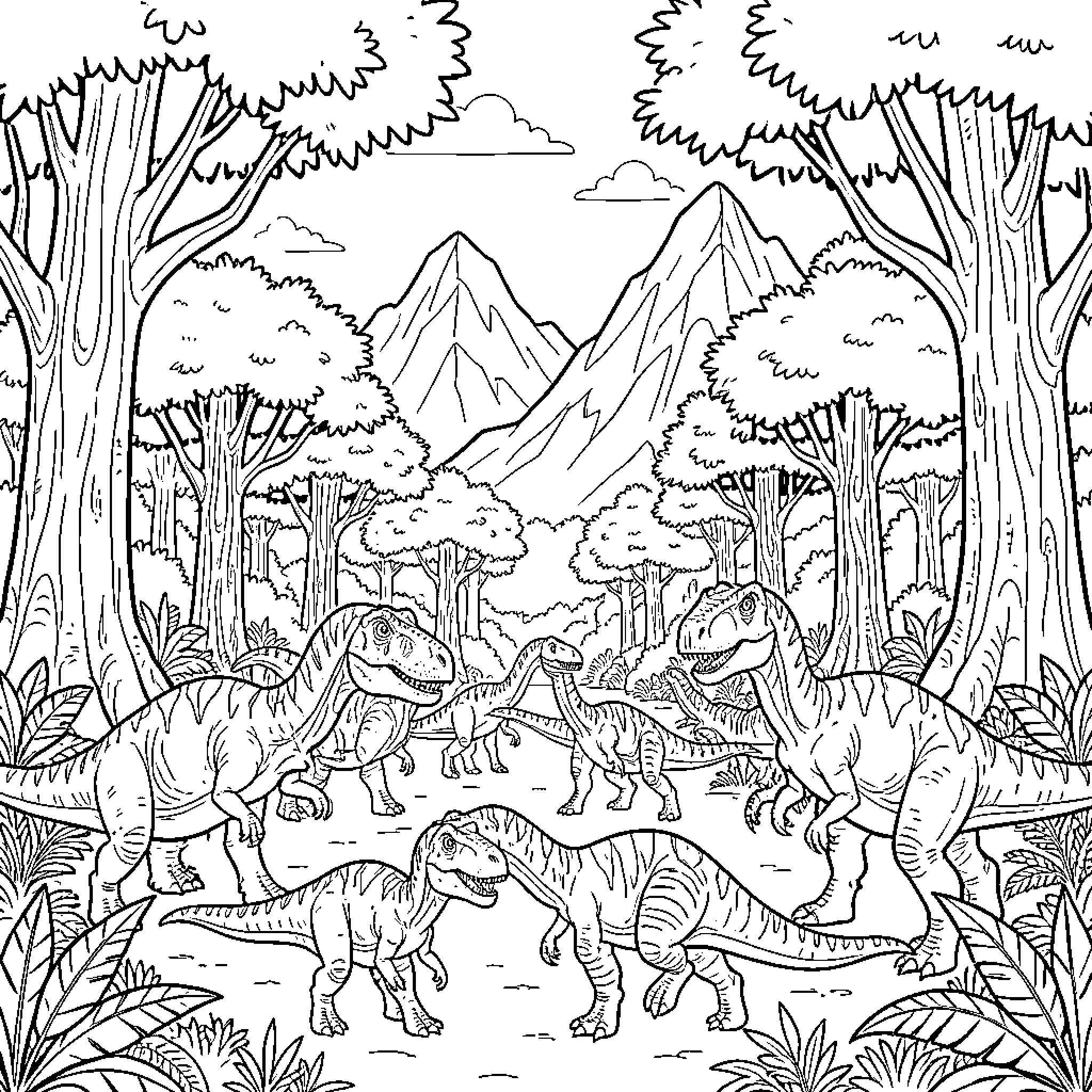 Dinosaur family walking through a lush prehistoric jungle Coloring Page (free black-and-white line drawing printable PDF for all, from beginners to advanced learners, including children, teens, adults, and seniors)