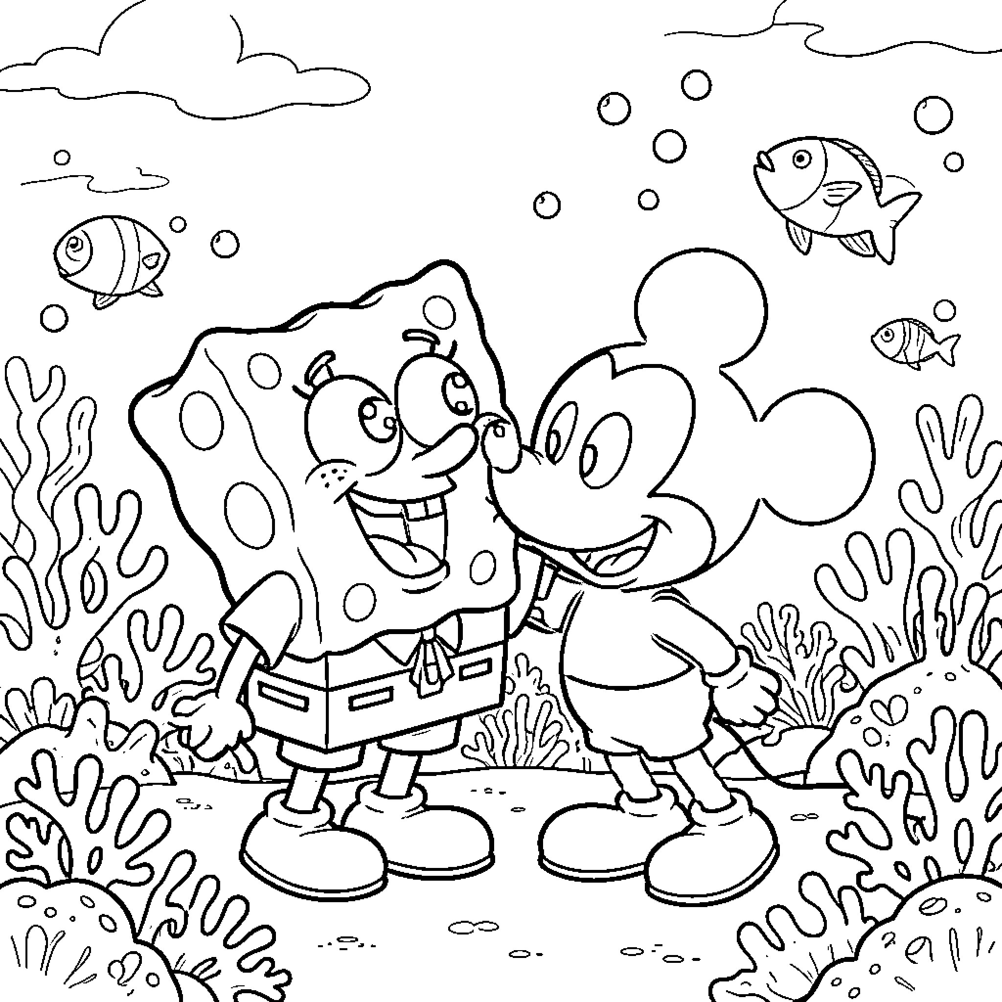 Spongebob and Mickey Mouse exploring underwater adventure Coloring Page (free black-and-white line drawing printable PDF for all, from beginners to advanced learners, including children, teens, adults, and seniors)