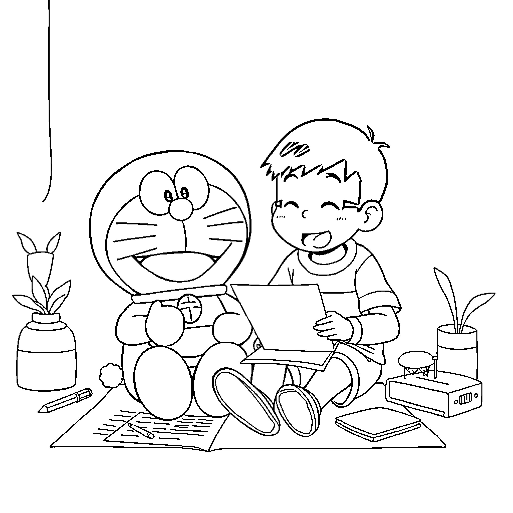Doraemon assisting young boy with coloring activity Coloring Page (free black-and-white line drawing printable PDF for all, from beginners to advanced learners, including children, teens, adults, and seniors)