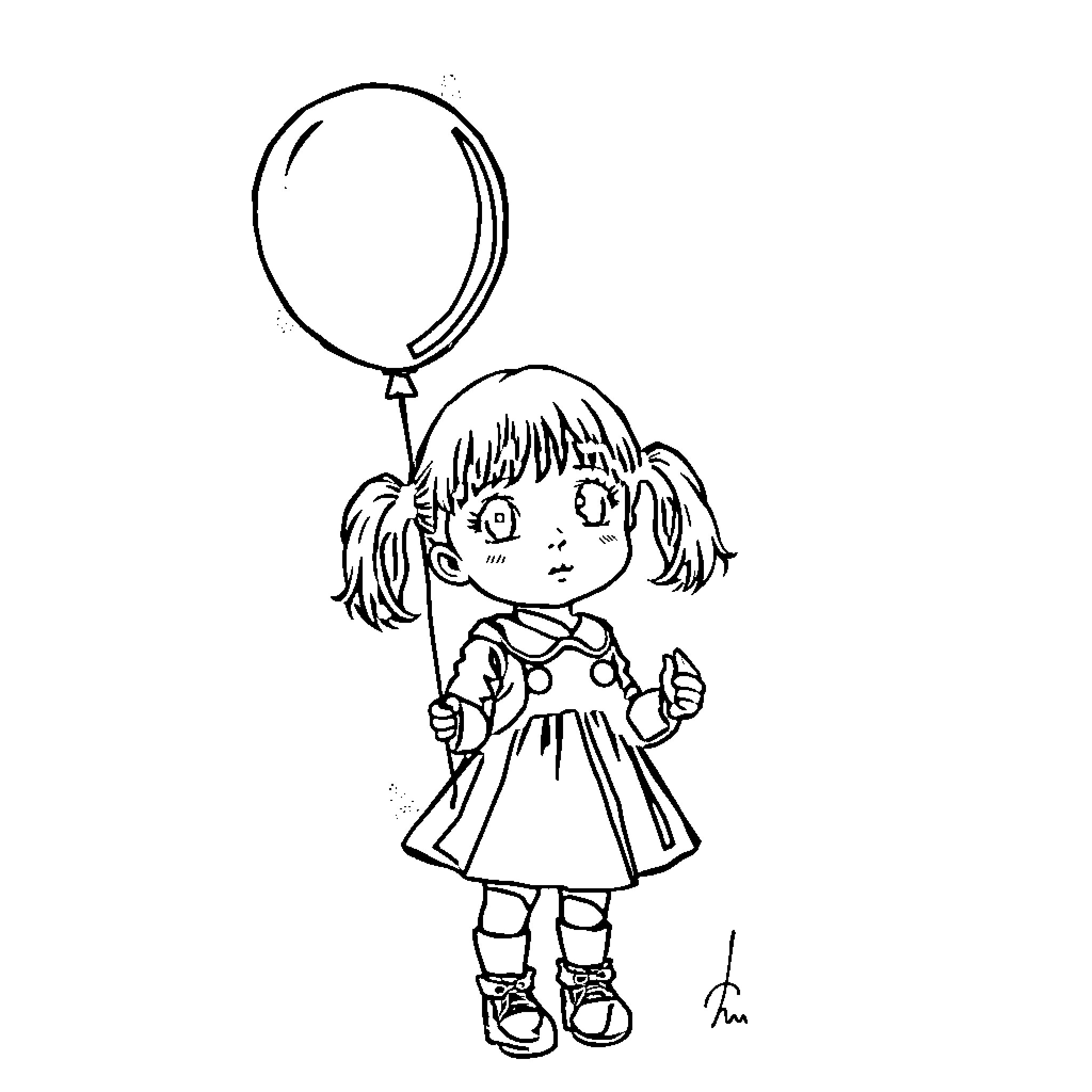 Girl holding a balloon in a dress Coloring Page (free black-and-white line drawing printable PDF for all, from beginners to advanced learners, including children, teens, adults, and seniors)