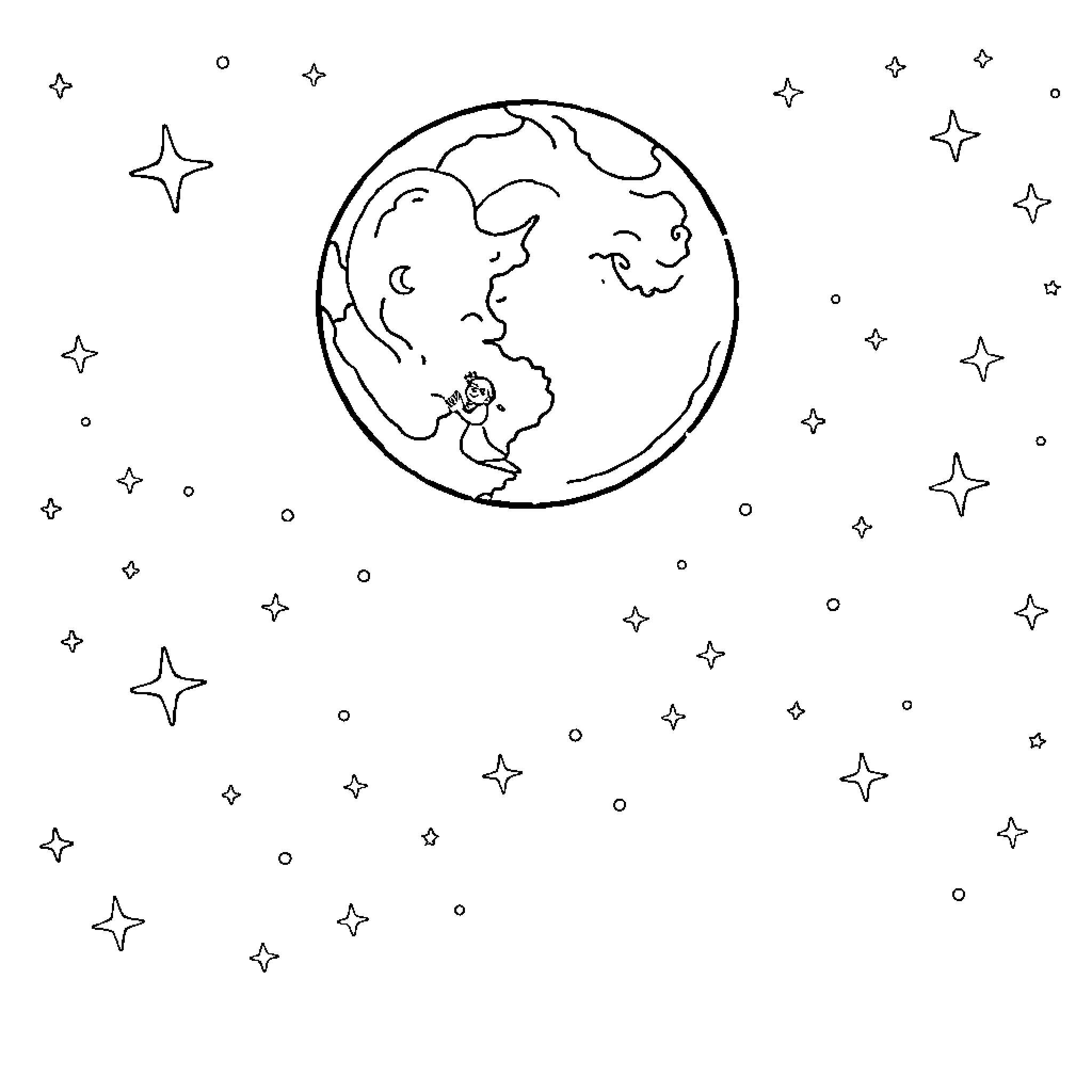 Moon and Stars illuminating the Earth Coloring Page (free black-and-white line drawing printable PDF for all, from beginners to advanced learners, including children, teens, adults, and seniors)