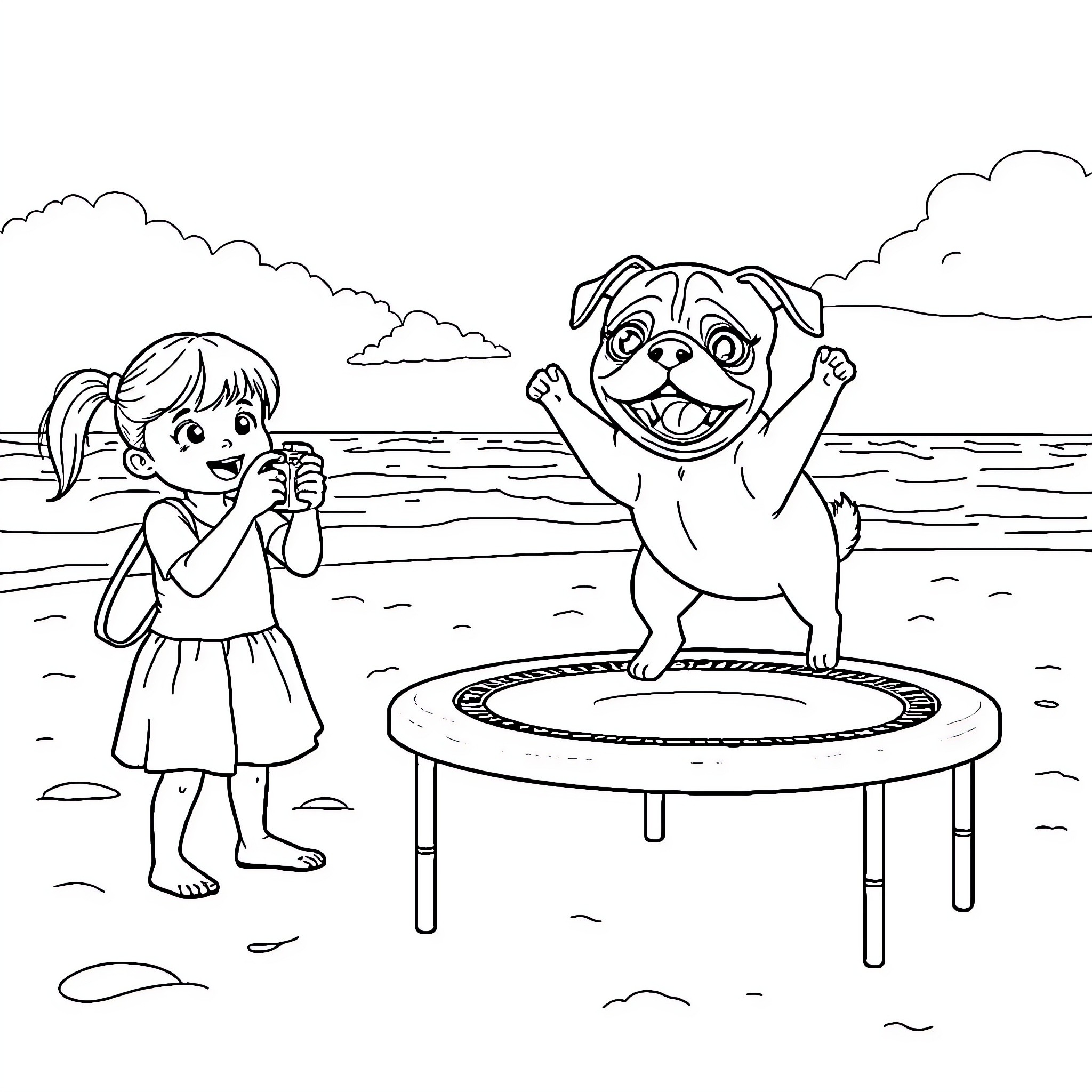 Pug enjoying trampoline fun with young girl Coloring Page (free black-and-white line drawing printable PDF for all, from beginners to advanced learners, including children, teens, adults, and seniors)