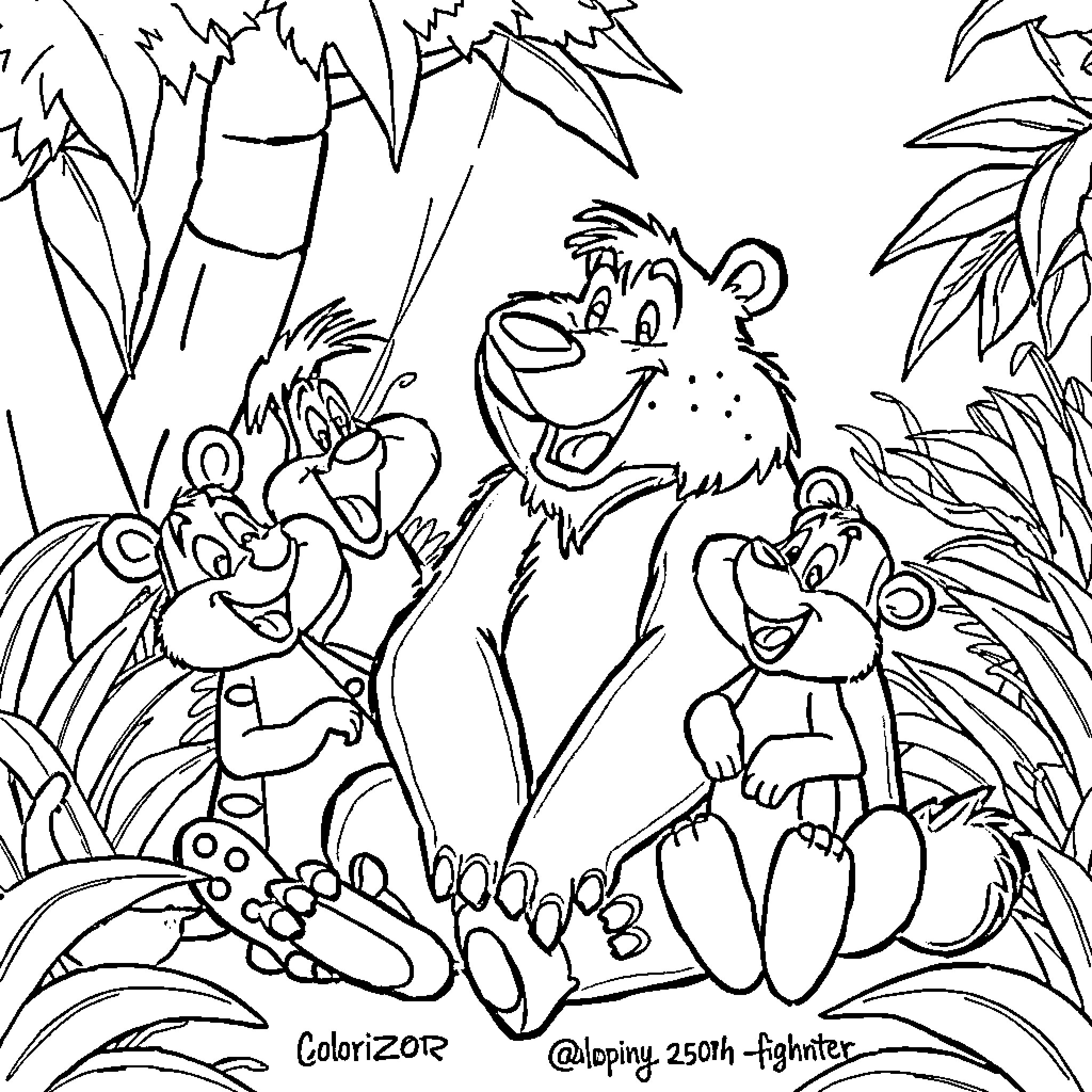 Baloo and his friends in the lush jungle Coloring Page (free black-and-white line drawing printable PDF for all, from beginners to advanced learners, including children, teens, adults, and seniors)