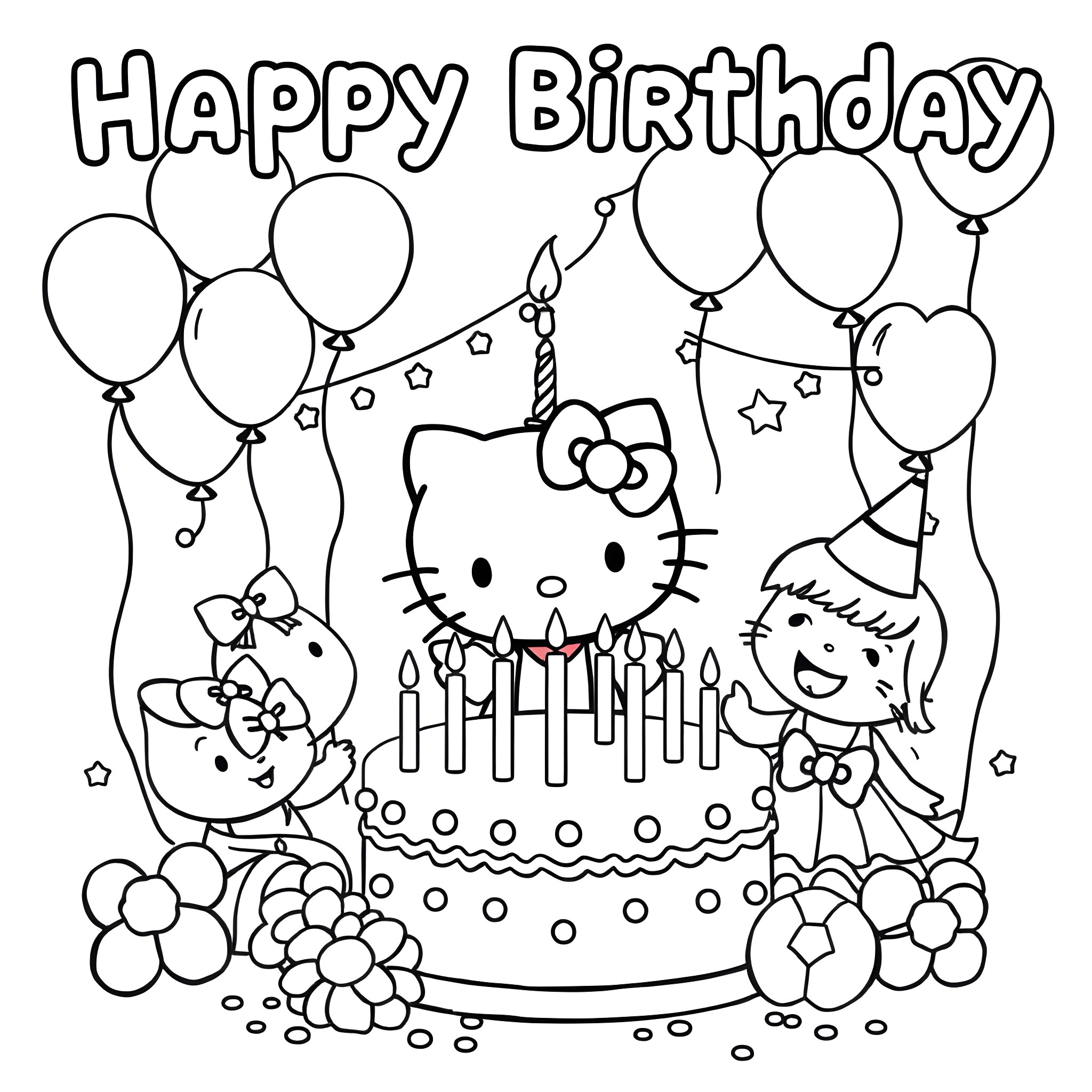 Hello Kitty celebrates a birthday with friends Coloring Page (free black-and-white line drawing printable PDF for all, from beginners to advanced learners, including children, teens, adults, and seniors)
