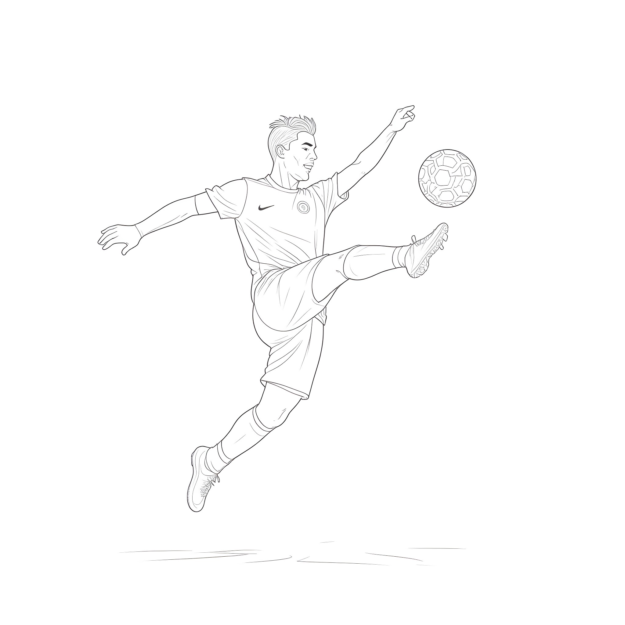 Ronaldo striking a soccer ball in mid-air Coloring Page (free black-and-white line drawing printable PDF for all, from beginners to advanced learners, including children, teens, adults, and seniors)