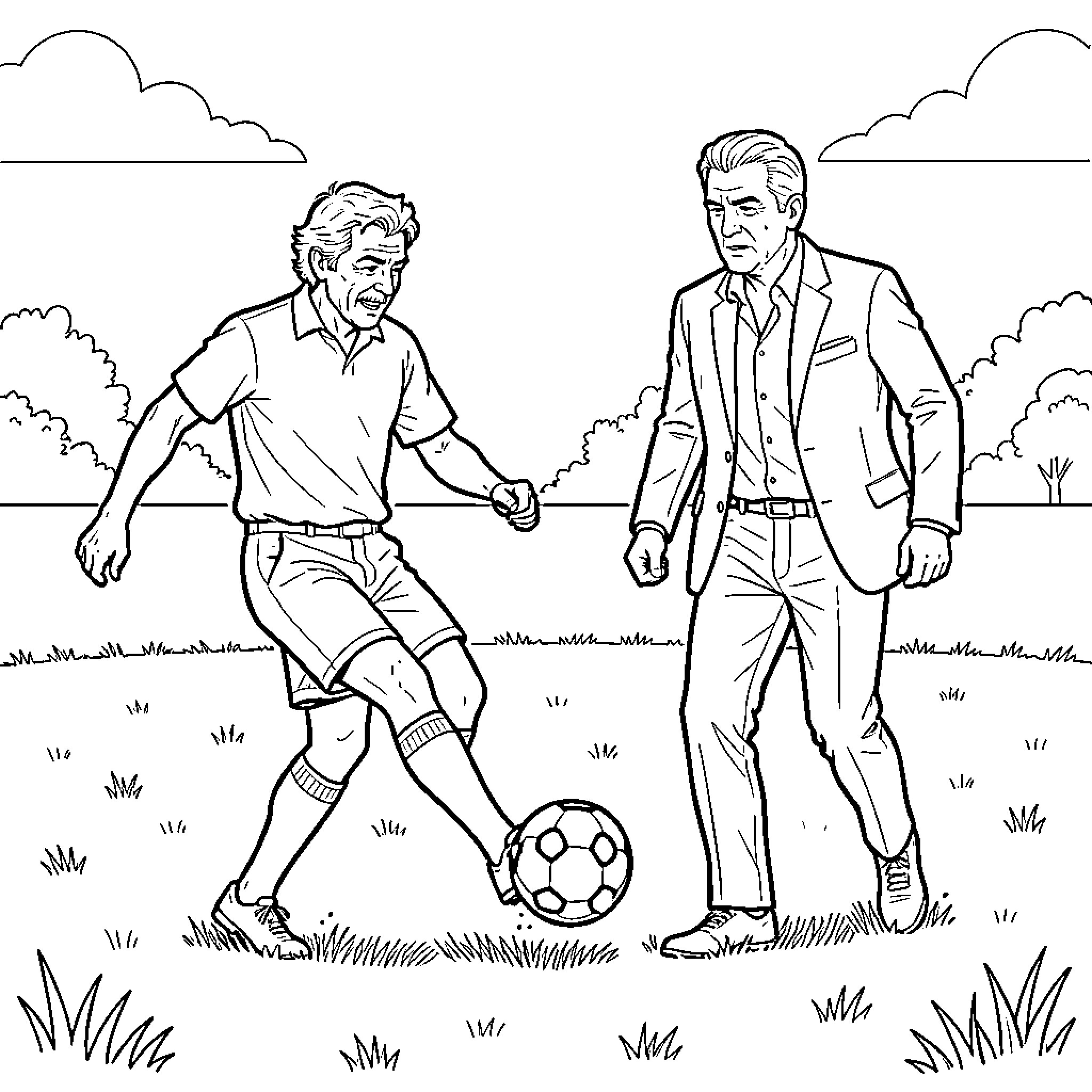 Christian playing soccer with a friend in a field Coloring Page (free black-and-white line drawing printable PDF for all, from beginners to advanced learners, including children, teens, adults, and seniors)