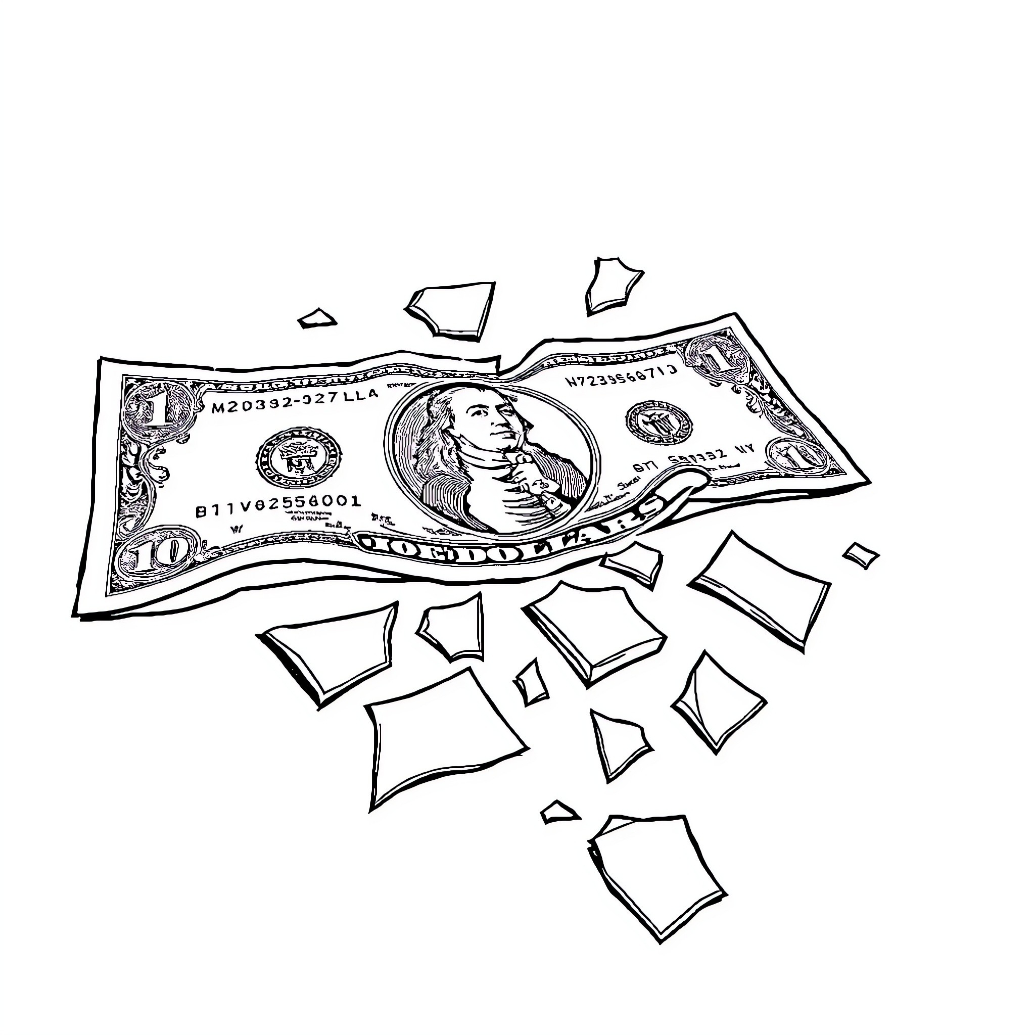 Dollar Bill Shredded into Fragments Coloring Page (free black-and-white line drawing printable PDF for all, from beginners to advanced learners, including children, teens, adults, and seniors)