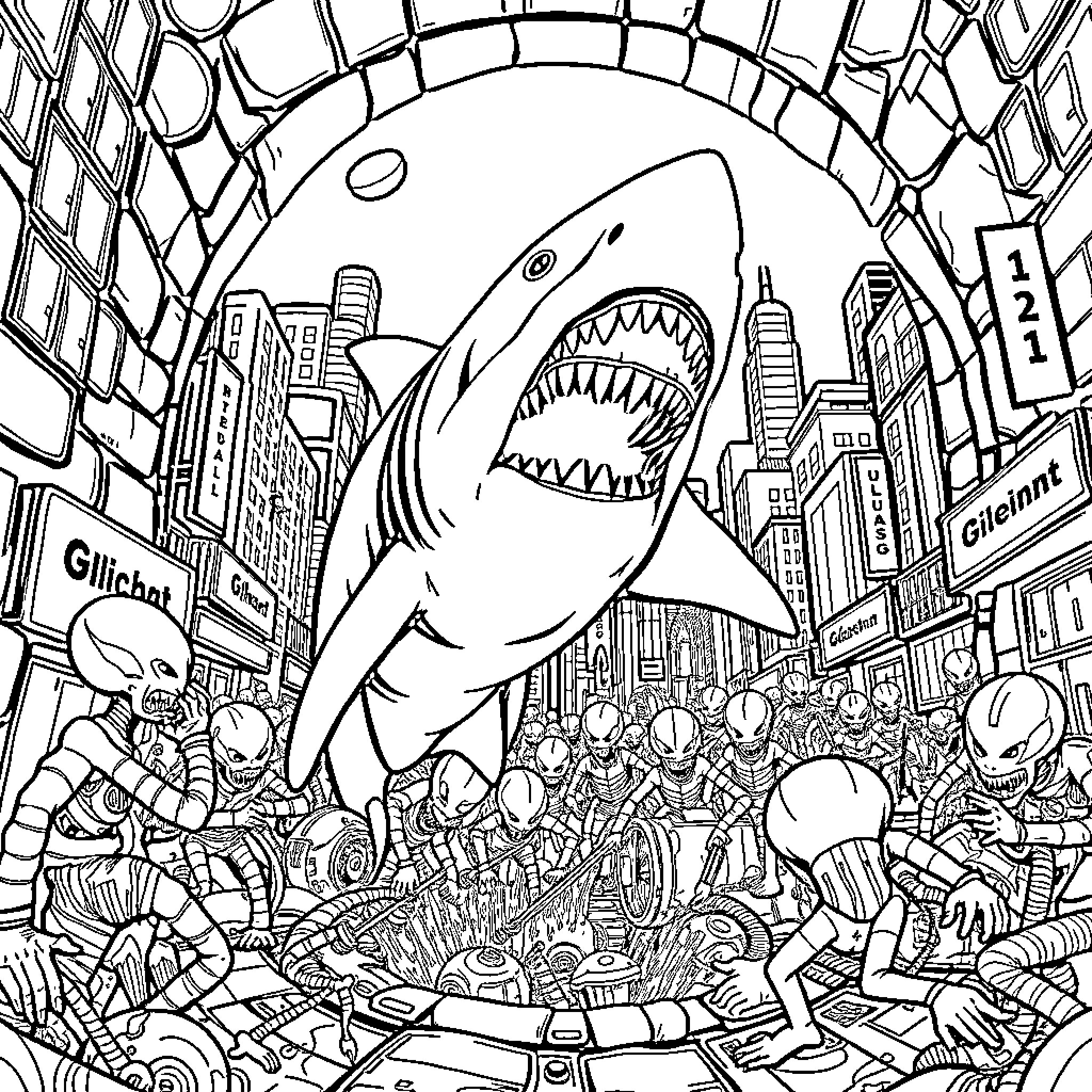 Shark attacking the city in chaos Coloring Page (free black-and-white line drawing printable PDF for all, from beginners to advanced learners, including children, teens, adults, and seniors)