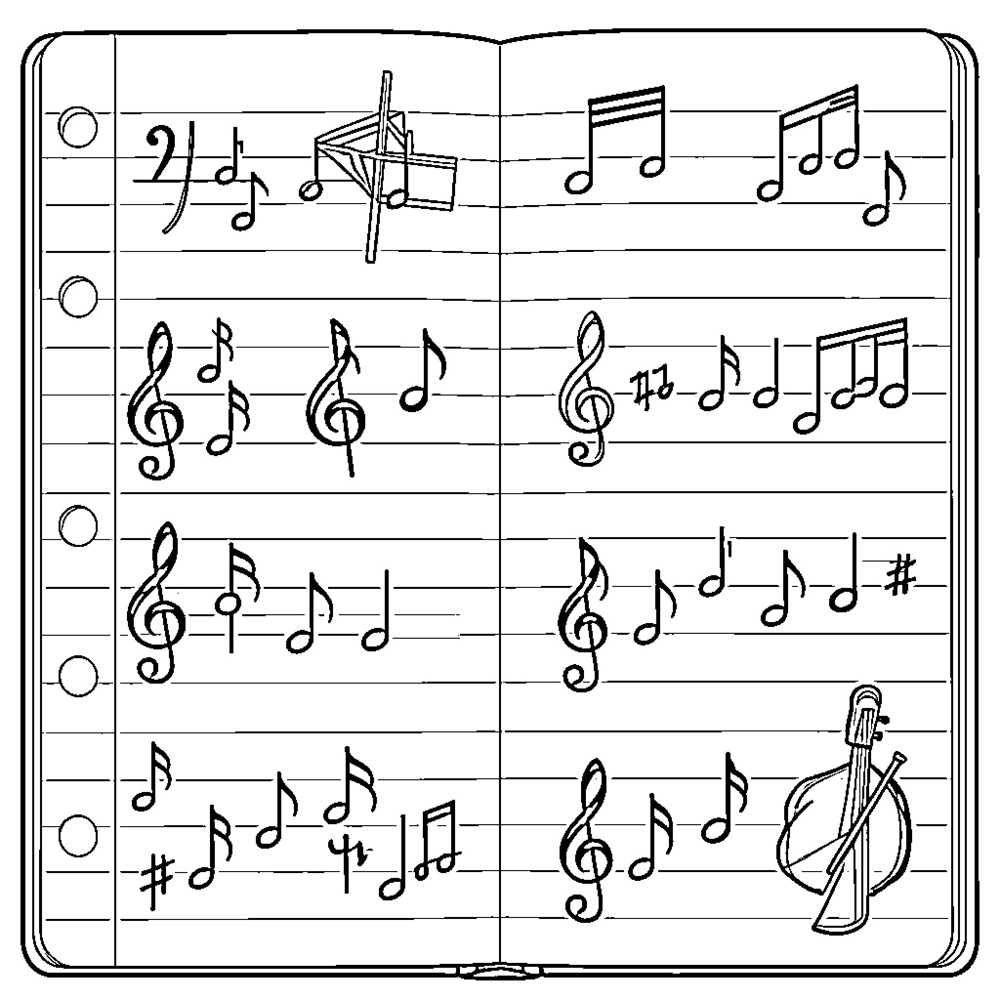 Musical Figures and notes displayed on an open notebook Coloring Page (free black-and-white line drawing printable PDF for all, from beginners to advanced learners, including children, teens, adults, and seniors)