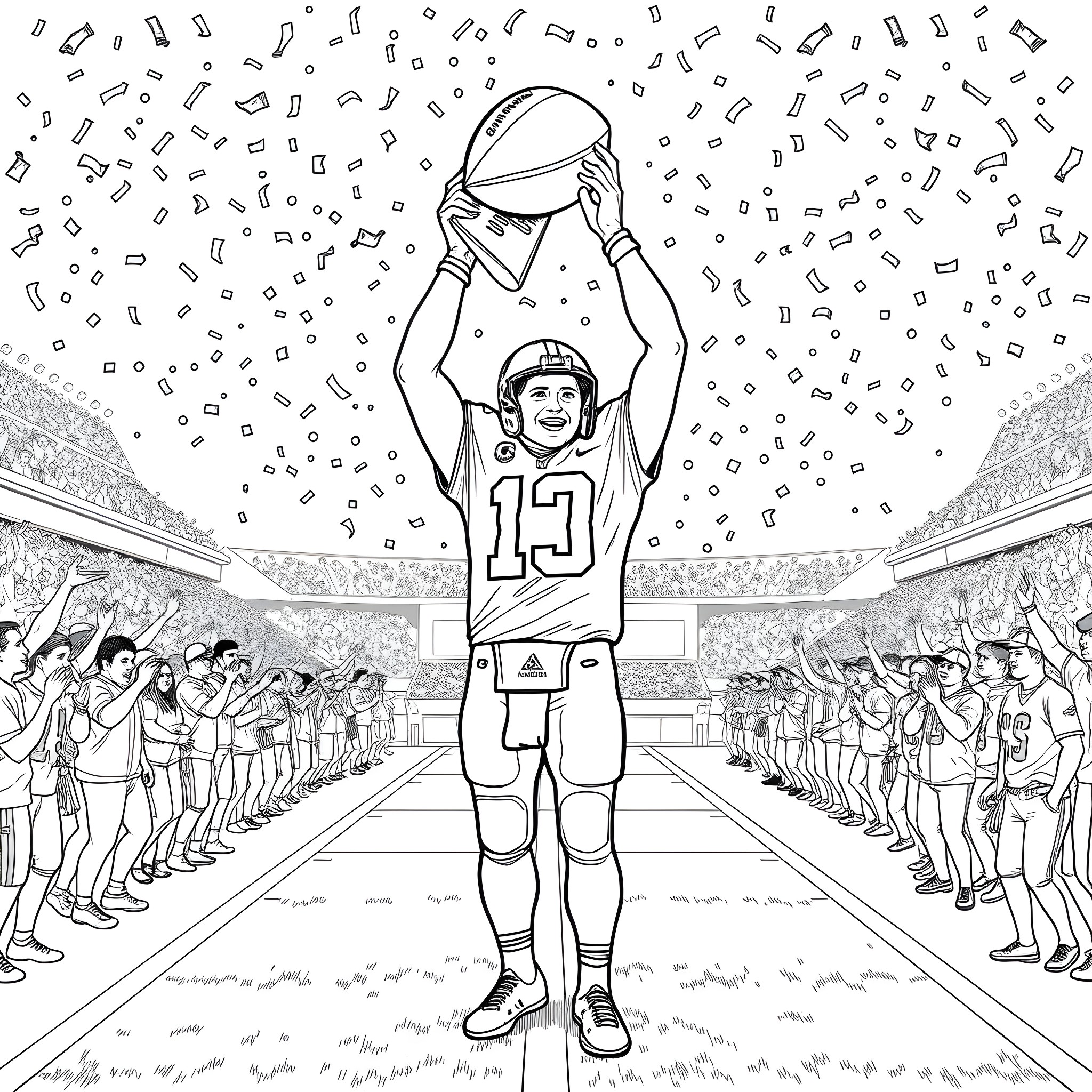 Josh Allen Celebrating Championship Victory Coloring Page (free black-and-white line drawing printable PDF for all, from beginners to advanced learners, including children, teens, adults, and seniors)