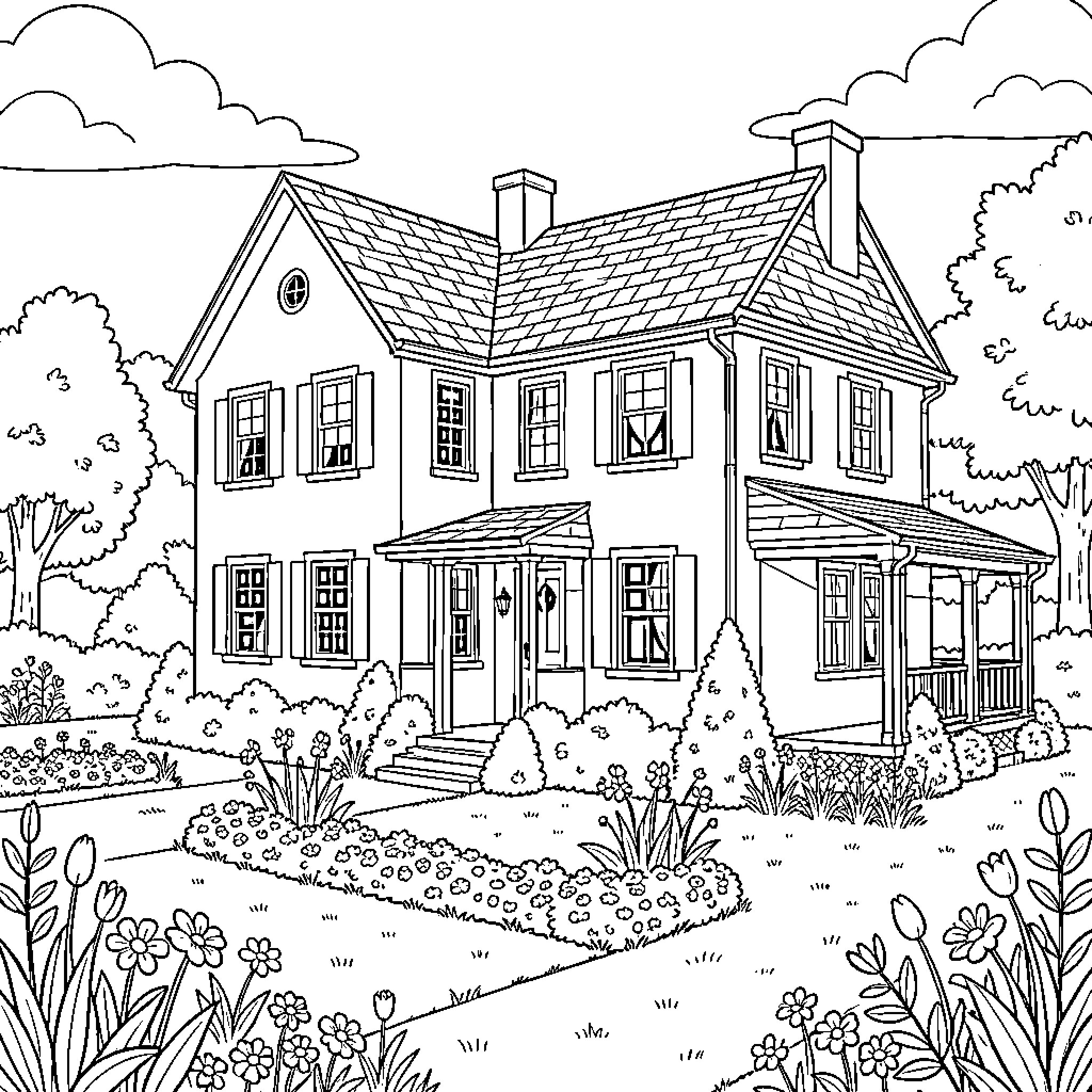 Casa standing amidst a lush blooming garden Coloring Page (free black-and-white line drawing printable PDF for all, from beginners to advanced learners, including children, teens, adults, and seniors)