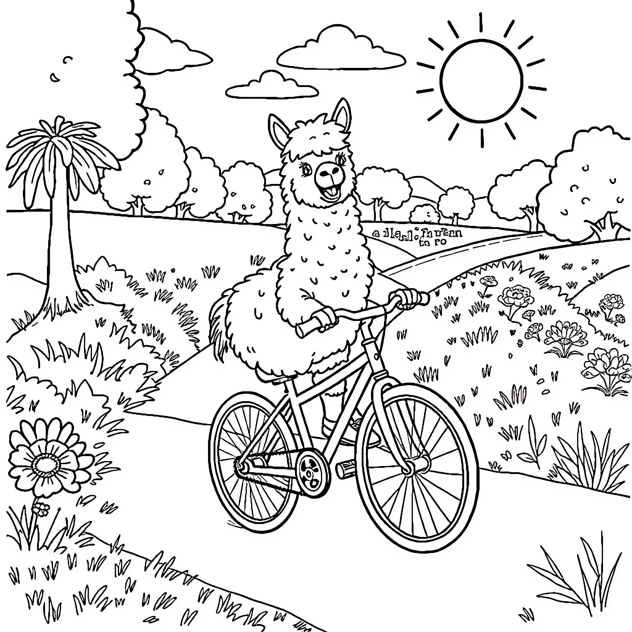 Llama riding a bicycle through a sunny landscape Coloring Page (free black-and-white line drawing printable PDF for all, from beginners to advanced learners, including children, teens, adults, and seniors)