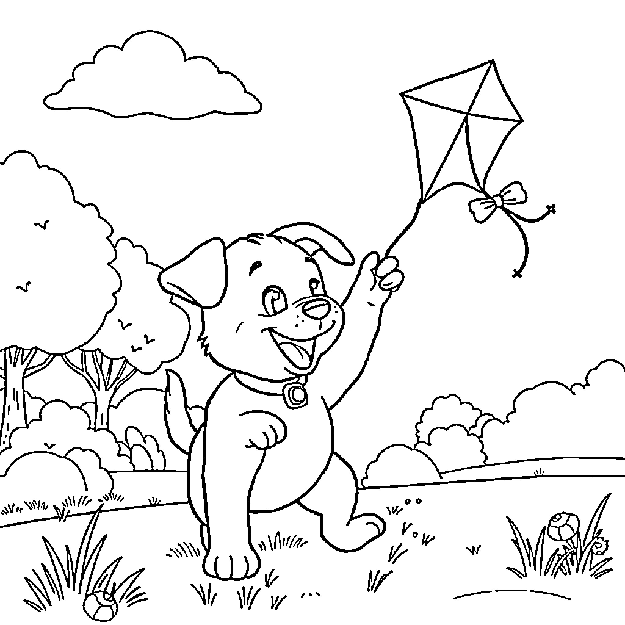Puppy playing with kite in the park Coloring Page (free black-and-white line drawing printable PDF for all, from beginners to advanced learners, including children, teens, adults, and seniors)