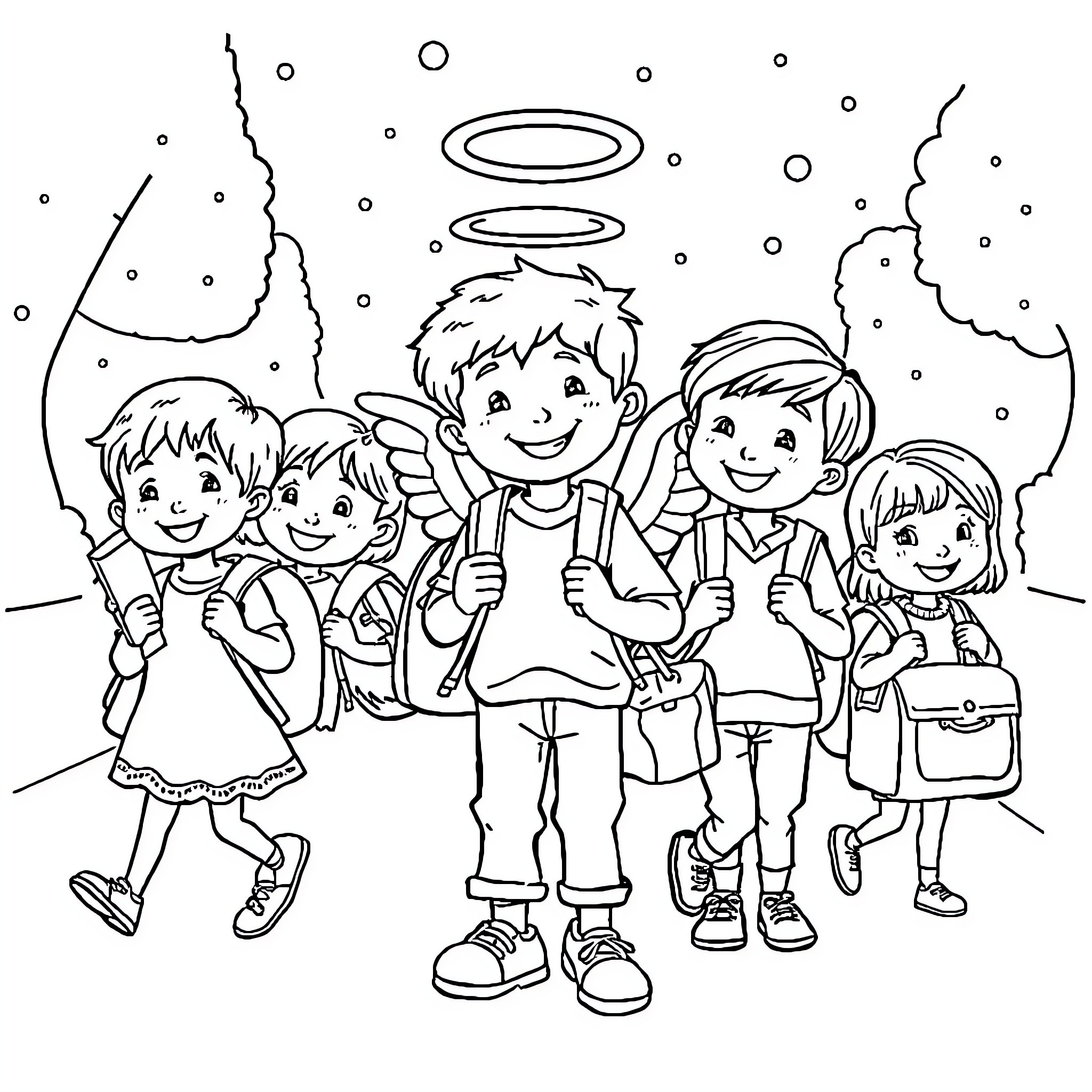 Little Angel's Heavenly Helpers - Children with Angel Coloring Page (free black-and-white line drawing printable PDF for all, from beginners to advanced learners, including children, teens, adults, and seniors)