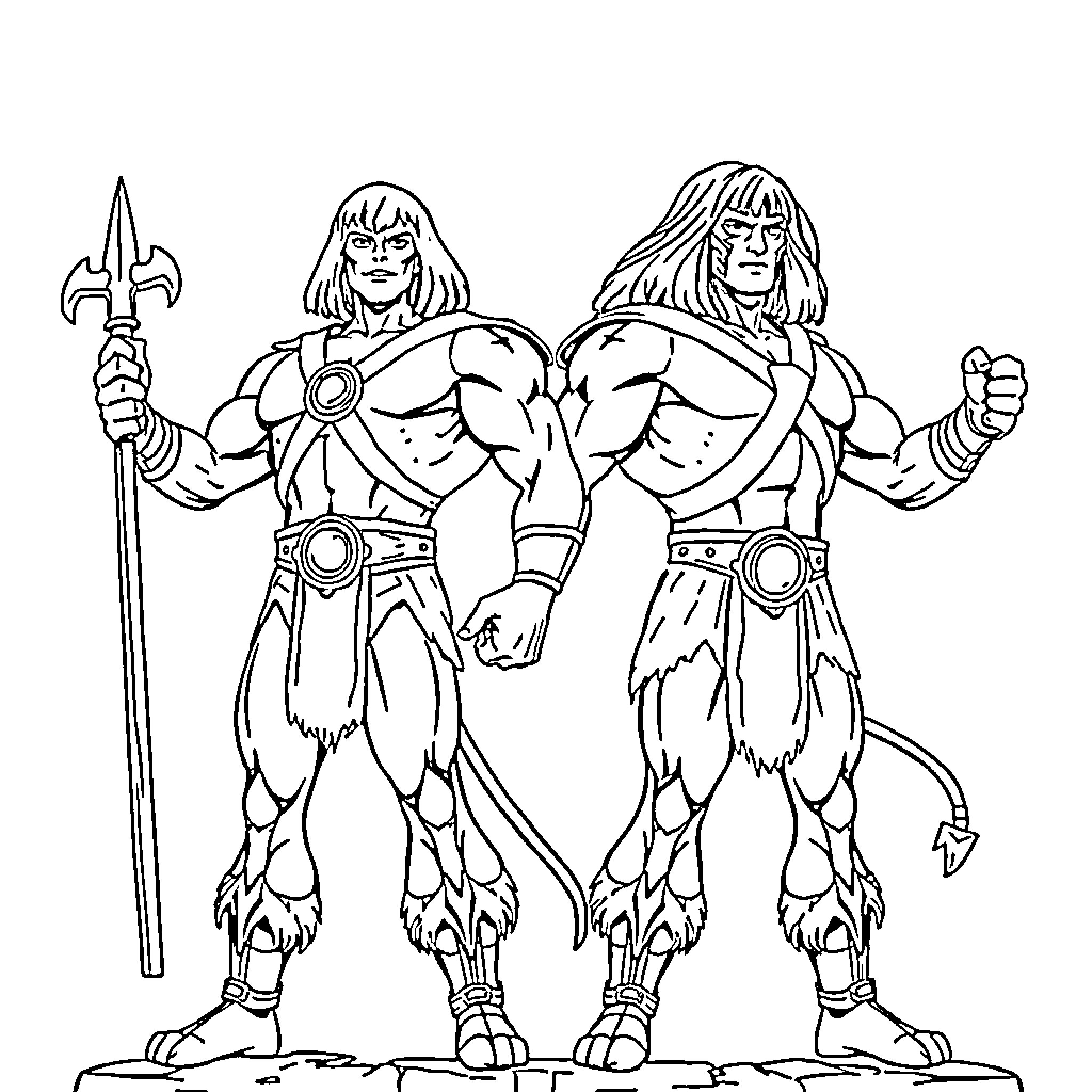 He-Man and his warrior companion stand ready for battle Coloring Page (free black-and-white line drawing printable PDF for all, from beginners to advanced learners, including children, teens, adults, and seniors)