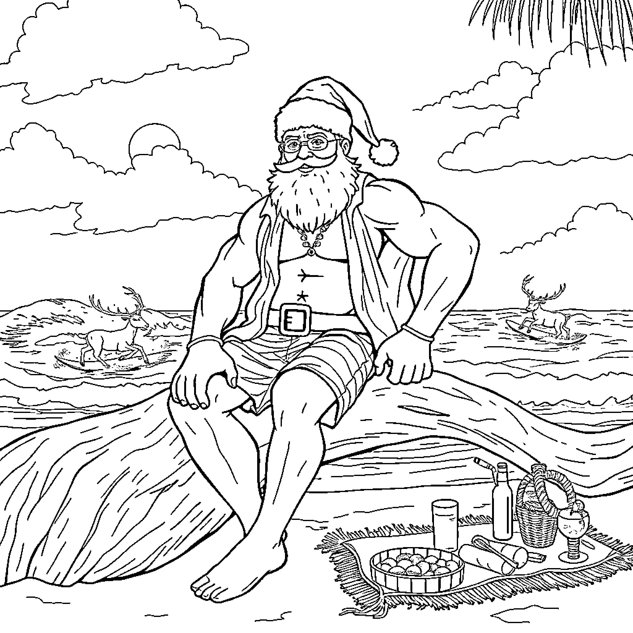 Santa relaxing on a tropical beach Coloring Page (free black-and-white line drawing printable PDF for all, from beginners to advanced learners, including children, teens, adults, and seniors)