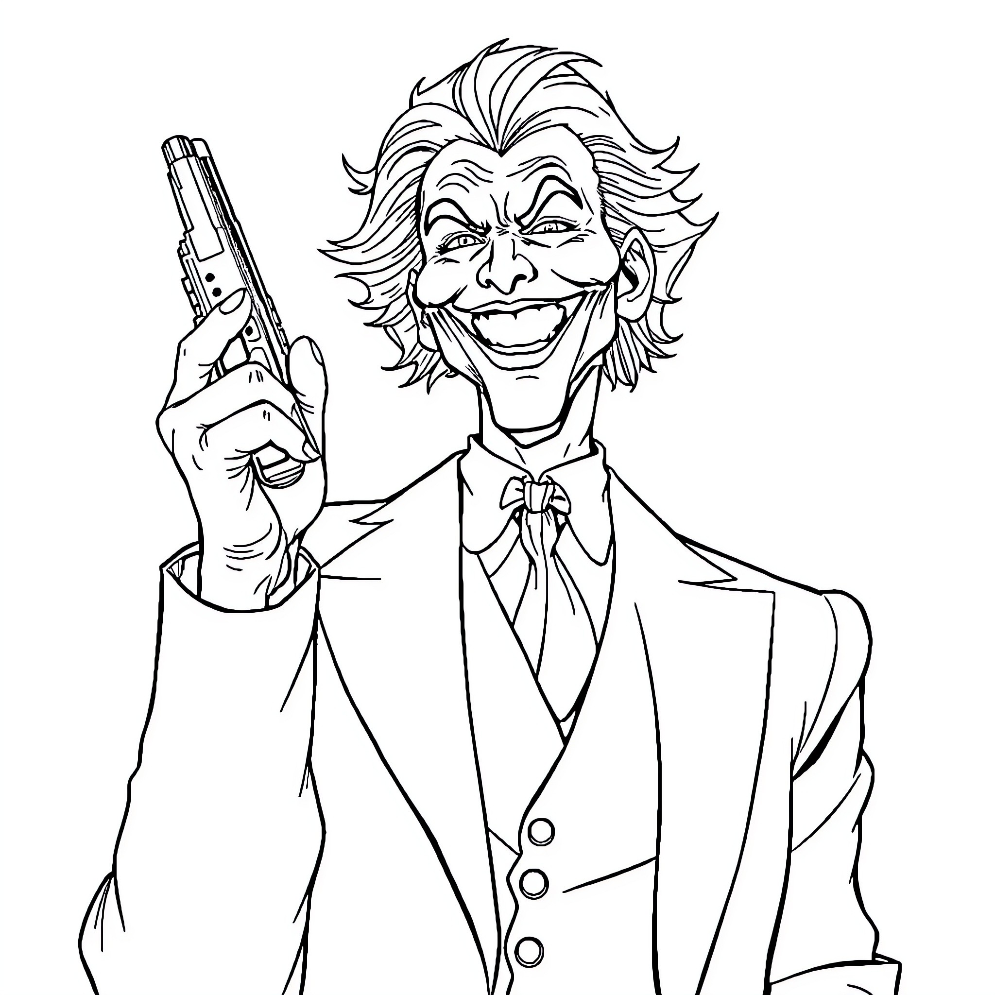 Joker brandishing a gun with a mischievous grin Coloring Page (free black-and-white line drawing printable PDF for all, from beginners to advanced learners, including children, teens, adults, and seniors)