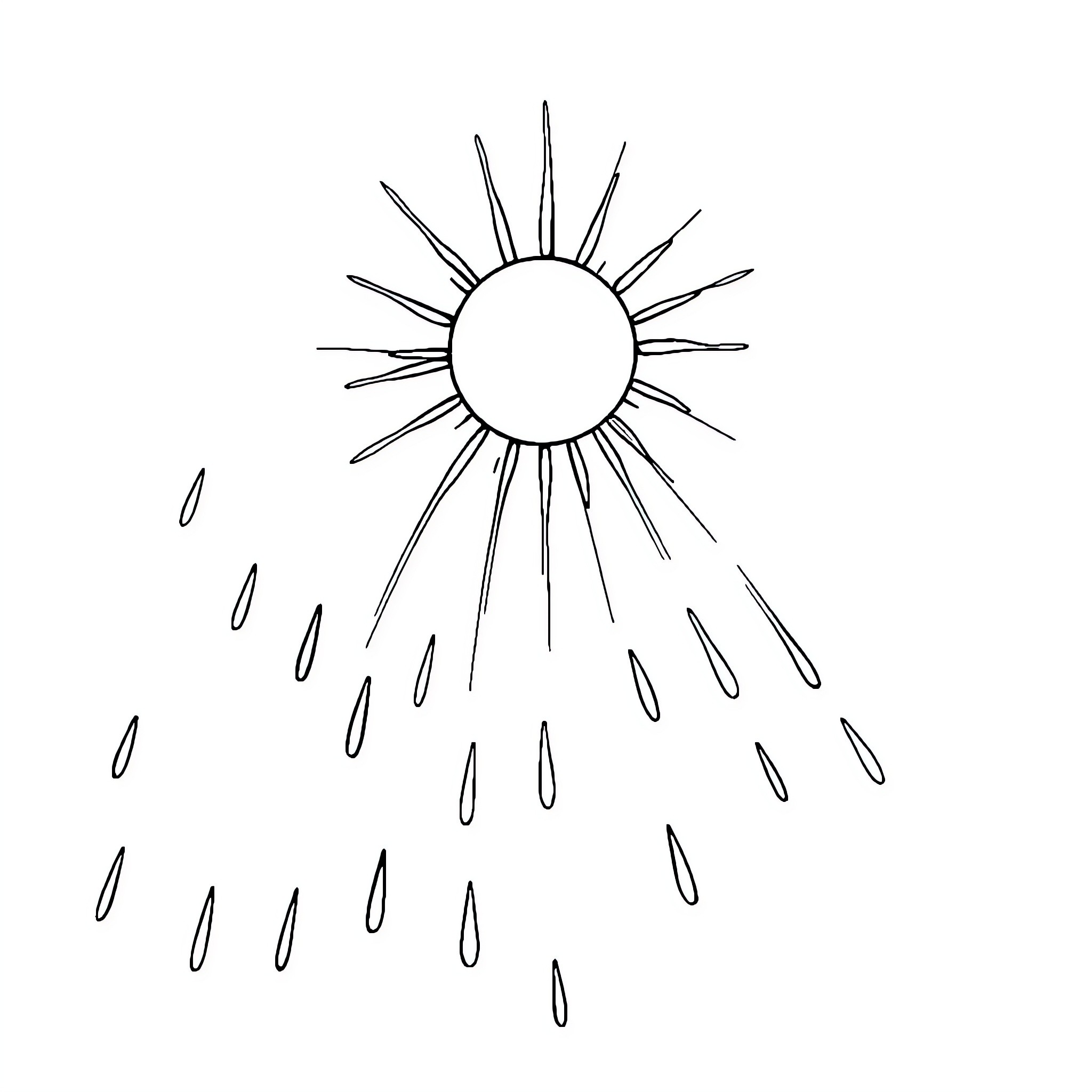 Sunshine Shining Through Raindrops Coloring Page (free black-and-white line drawing printable PDF for all, from beginners to advanced learners, including children, teens, adults, and seniors)