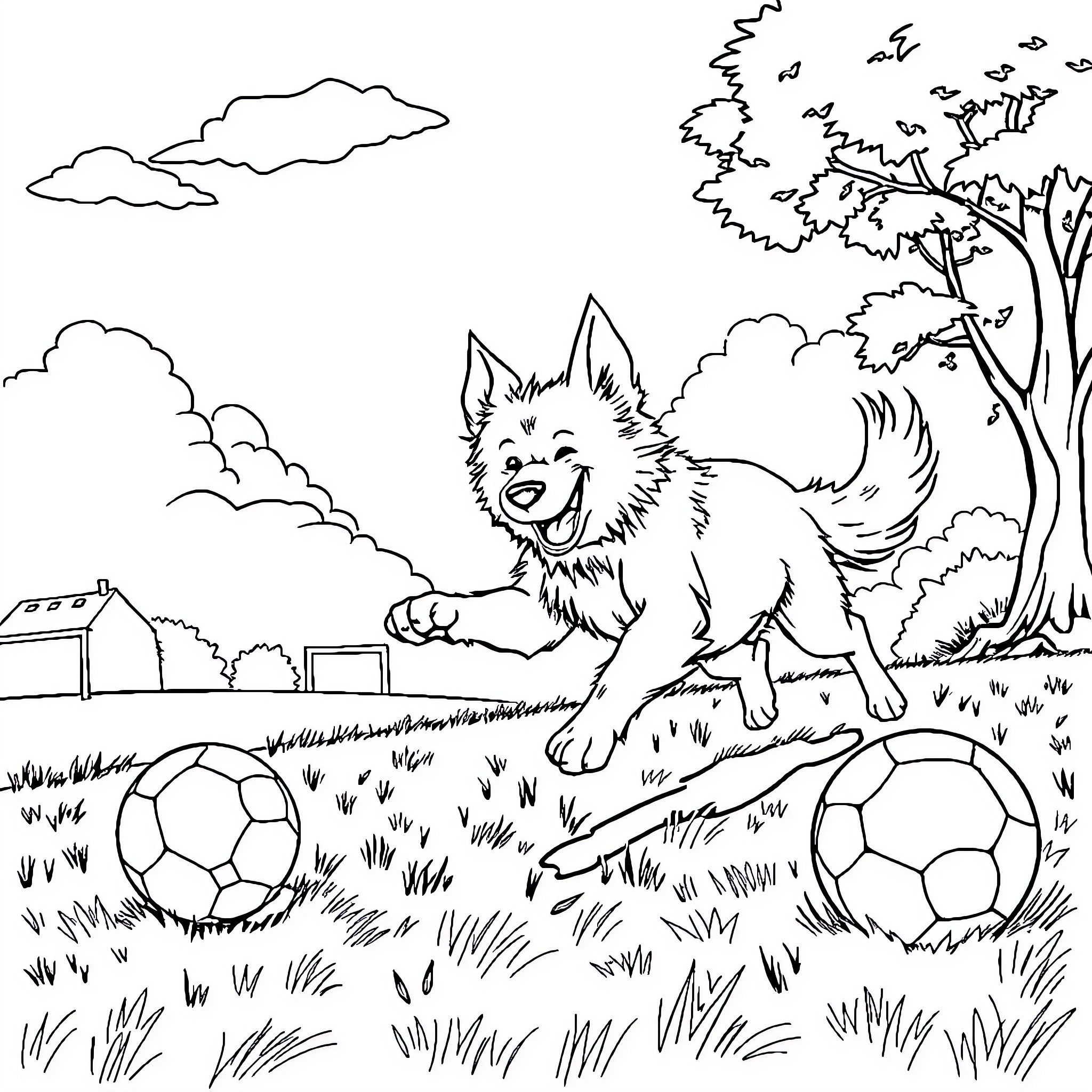 Dog happily playing with soccer balls in the park Coloring Page (free black-and-white line drawing printable PDF for all, from beginners to advanced learners, including children, teens, adults, and seniors)