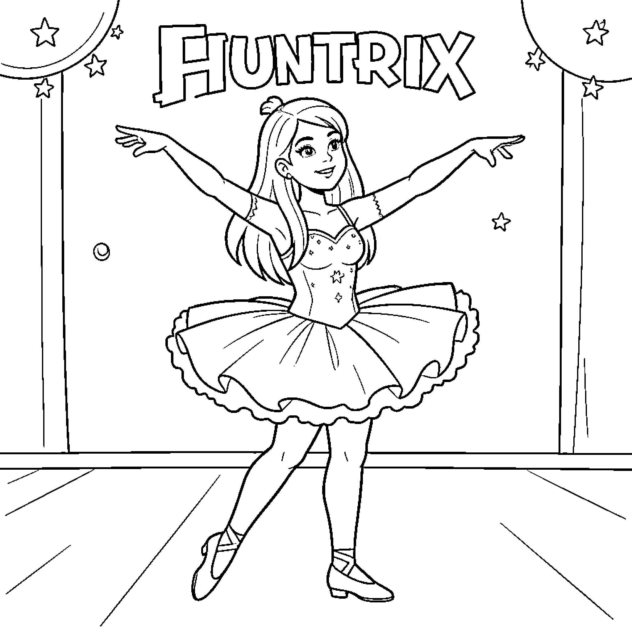 Huntrix ballerina performing a graceful dance on stage Coloring Page (free black-and-white line drawing printable PDF for all, from beginners to advanced learners, including children, teens, adults, and seniors)