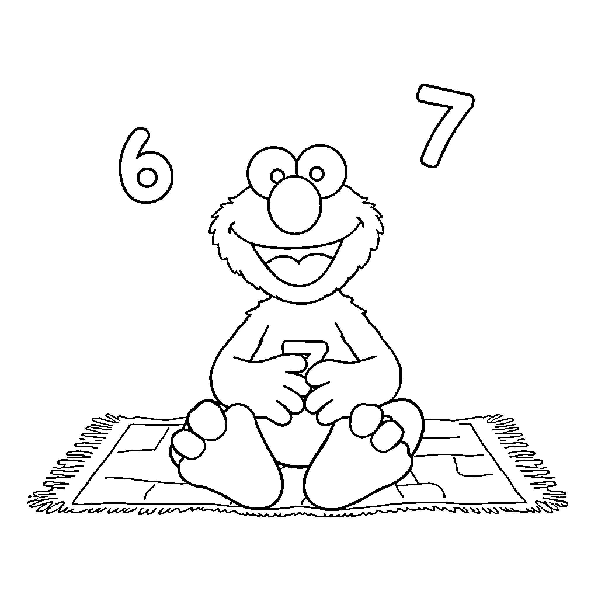 Elmo counting numbers on a rug Coloring Page (free black-and-white line drawing printable PDF for all, from beginners to advanced learners, including children, teens, adults, and seniors)