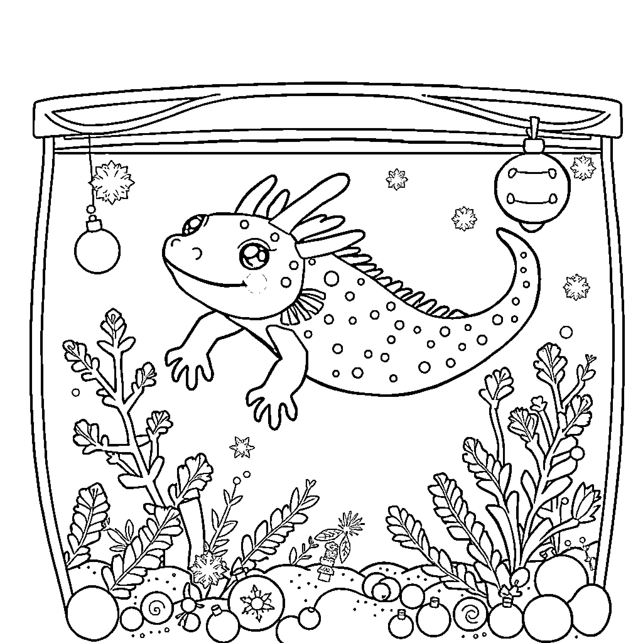 Axolotl playing in a decorated aquarium Coloring Page (free black-and-white line drawing printable PDF for all, from beginners to advanced learners, including children, teens, adults, and seniors)