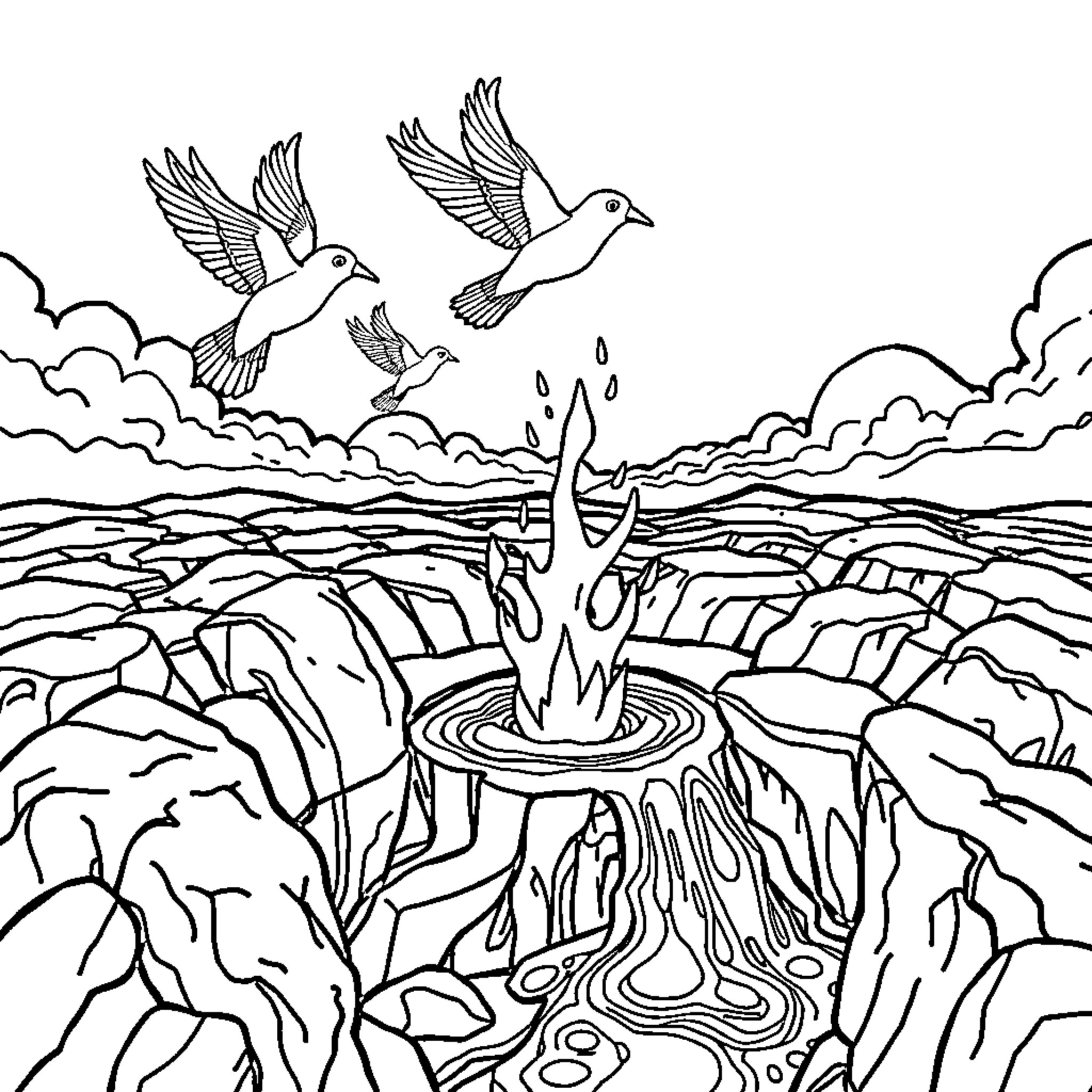 Birds soaring above rocky cliffs and water Coloring Page (free black-and-white line drawing printable PDF for all, from beginners to advanced learners, including children, teens, adults, and seniors)