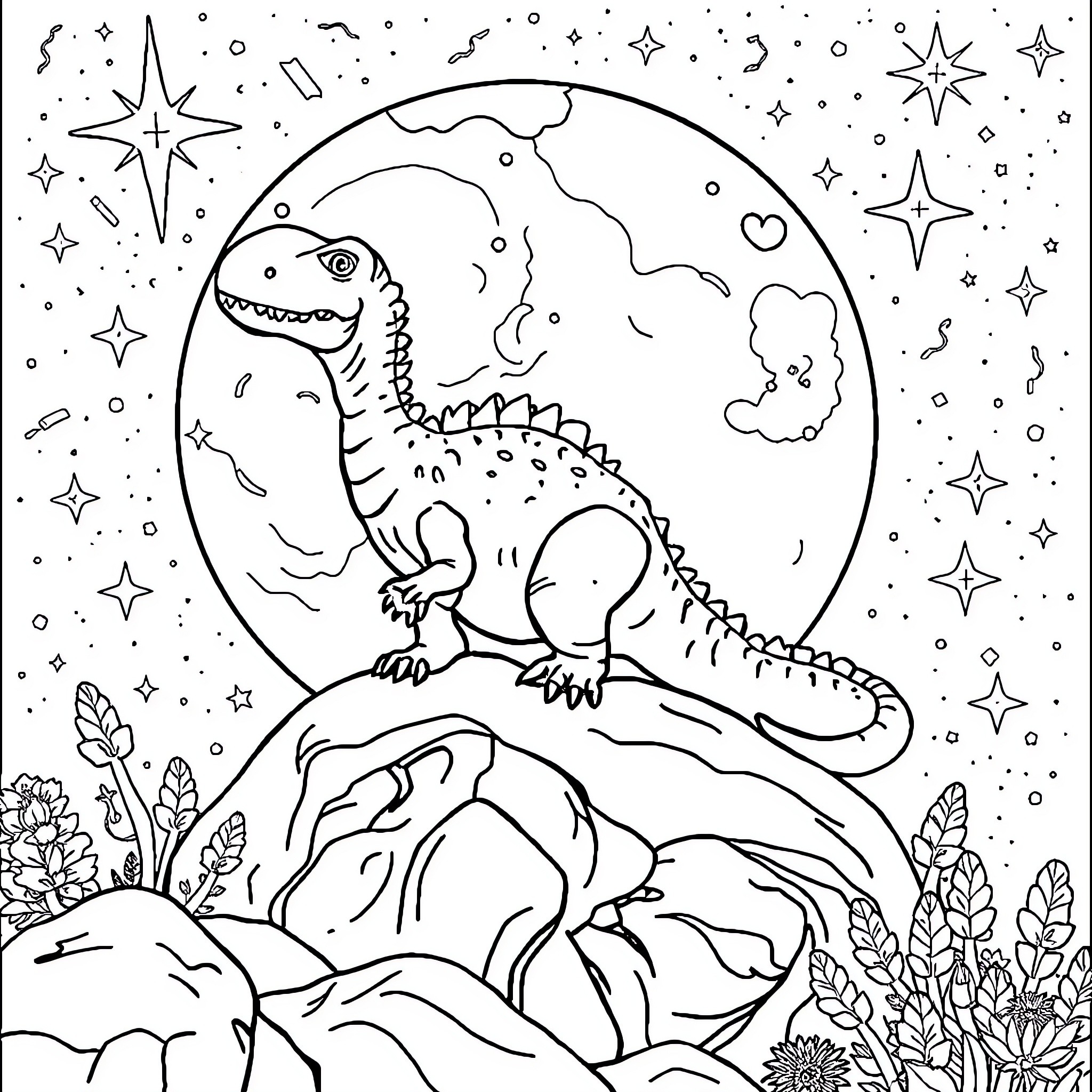 Dinosaur exploring the starry night sky Coloring Page (free black-and-white line drawing printable PDF for all, from beginners to advanced learners, including children, teens, adults, and seniors)