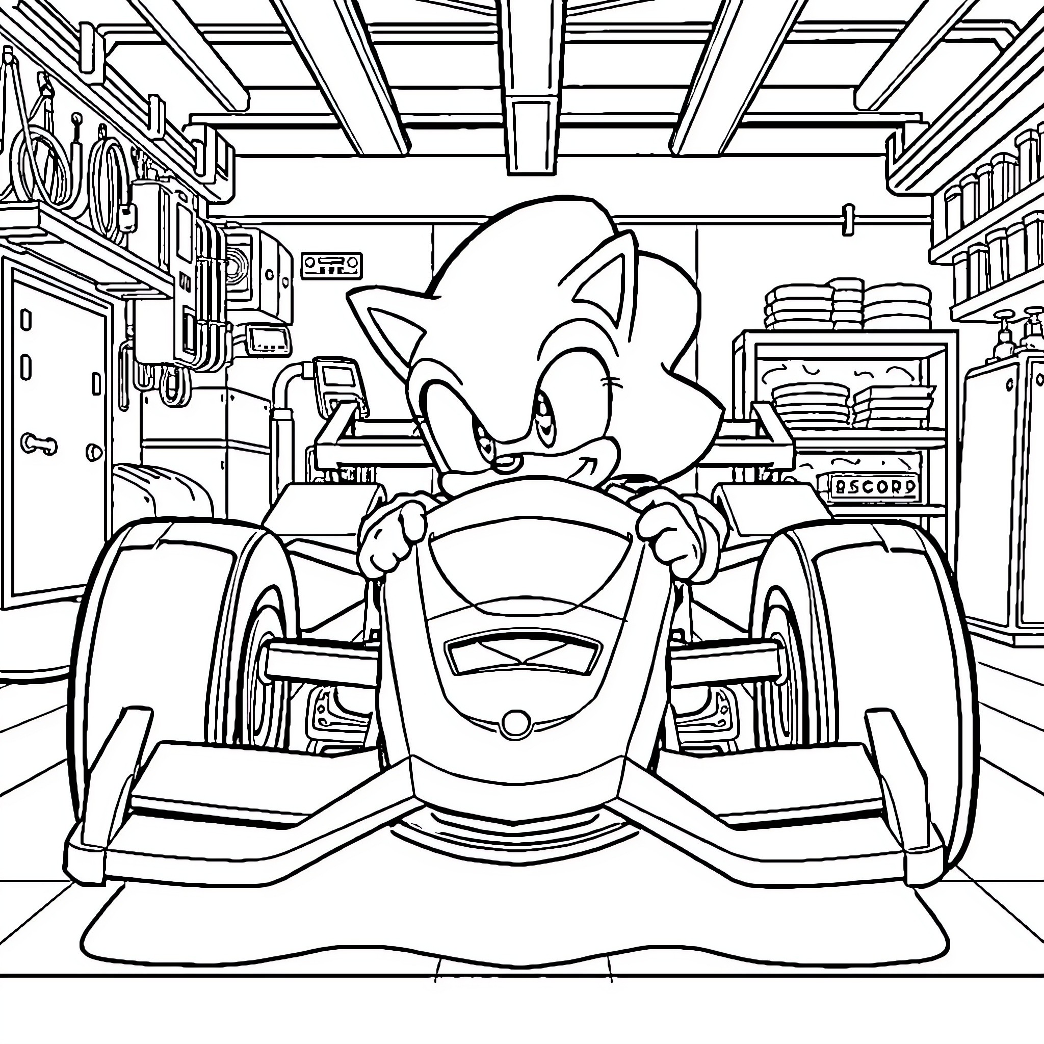 Sonic's Speedy Garage Adventure Coloring Page (free black-and-white line drawing printable PDF for all, from beginners to advanced learners, including children, teens, adults, and seniors)