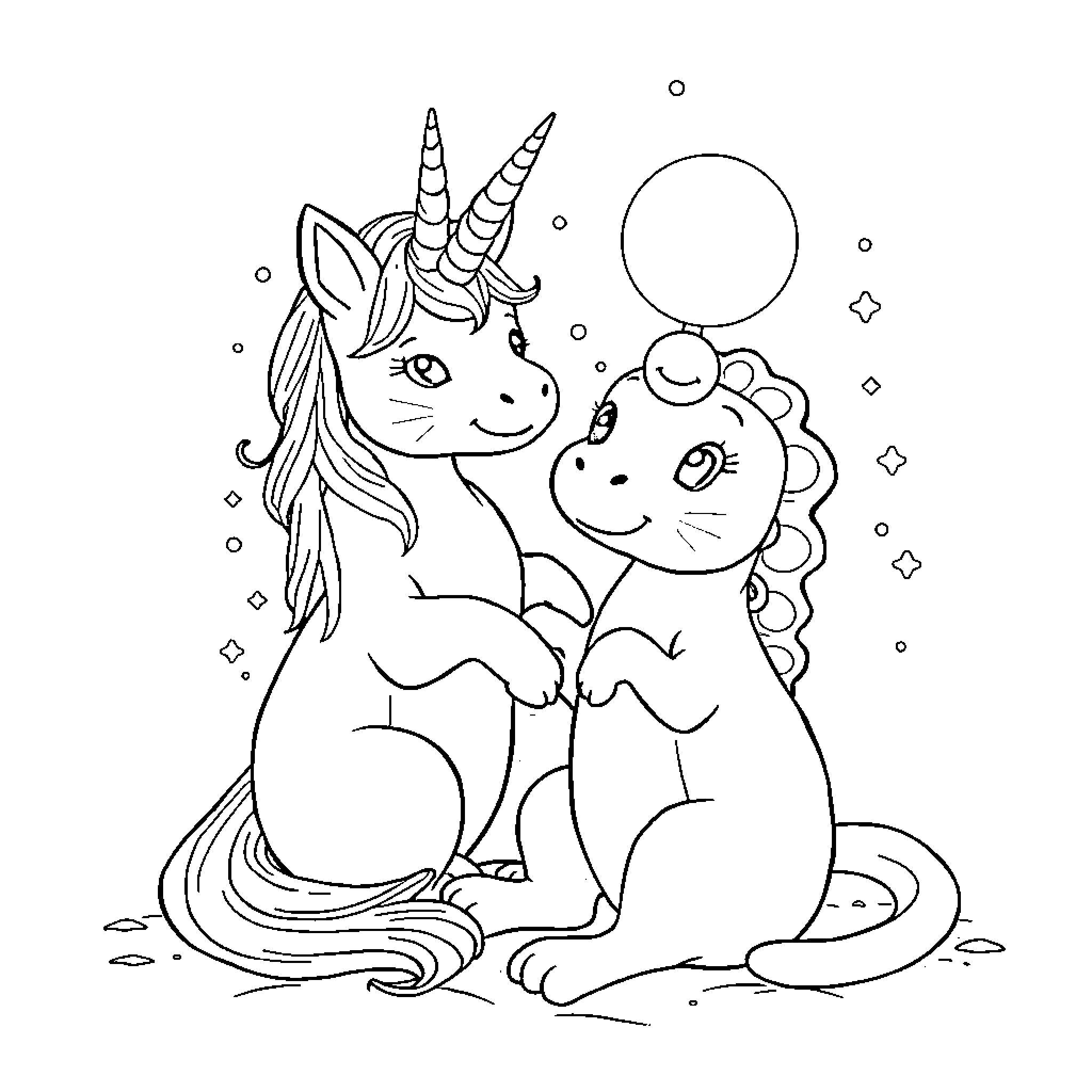 Unicorn Cat and Unicorn Companion Frolicking Coloring Page (free black-and-white line drawing printable PDF for all, from beginners to advanced learners, including children, teens, adults, and seniors)