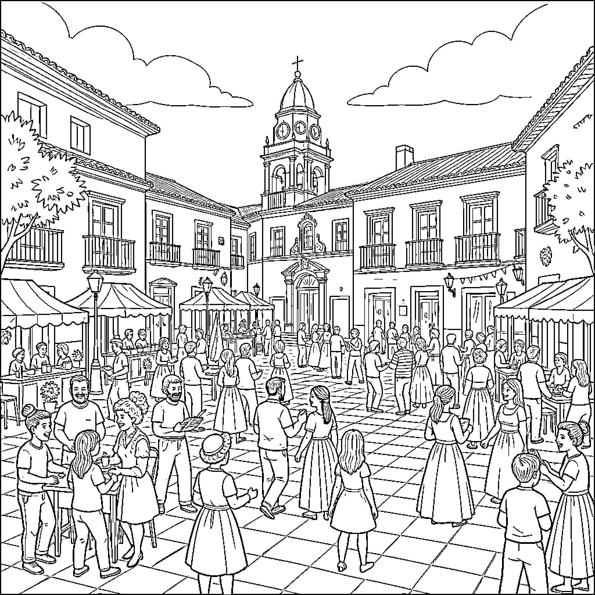 Almagro's Bustling Marketplace: People and Architecture Coloring Page (free black-and-white line drawing printable PDF for all, from beginners to advanced learners, including children, teens, adults, and seniors)