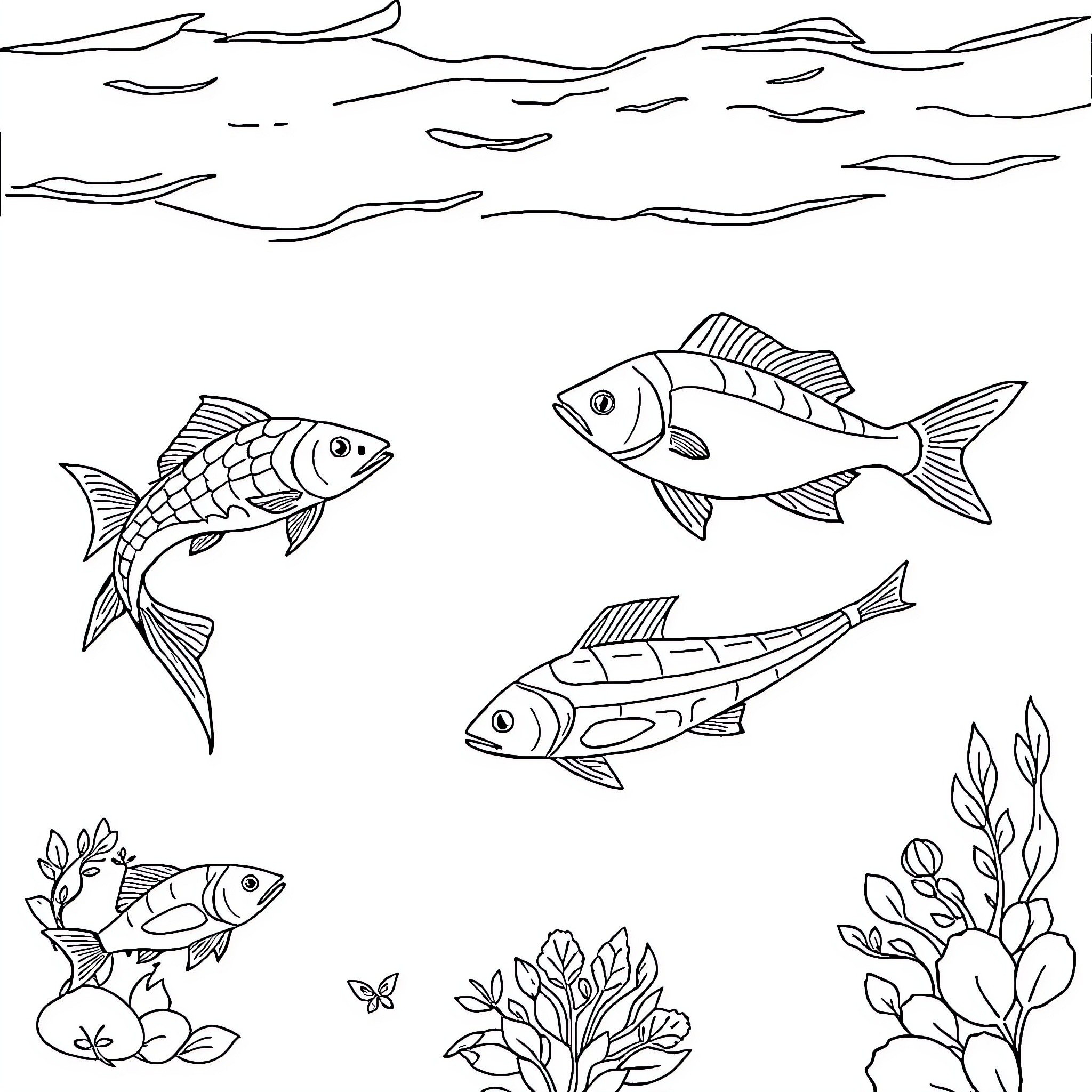 Fish swimming in the underwater scene Coloring Page (free black-and-white line drawing printable PDF for all, from beginners to advanced learners, including children, teens, adults, and seniors)