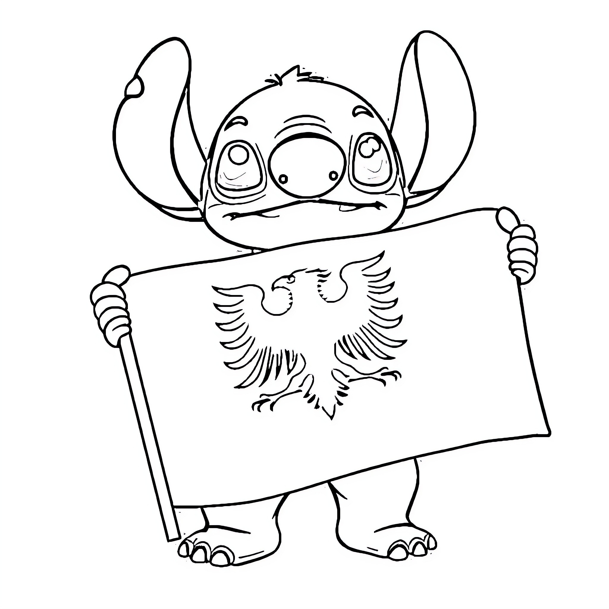 Stitch holding a national flag in black and white Coloring Page (free black-and-white line drawing printable PDF for all, from beginners to advanced learners, including children, teens, adults, and seniors)