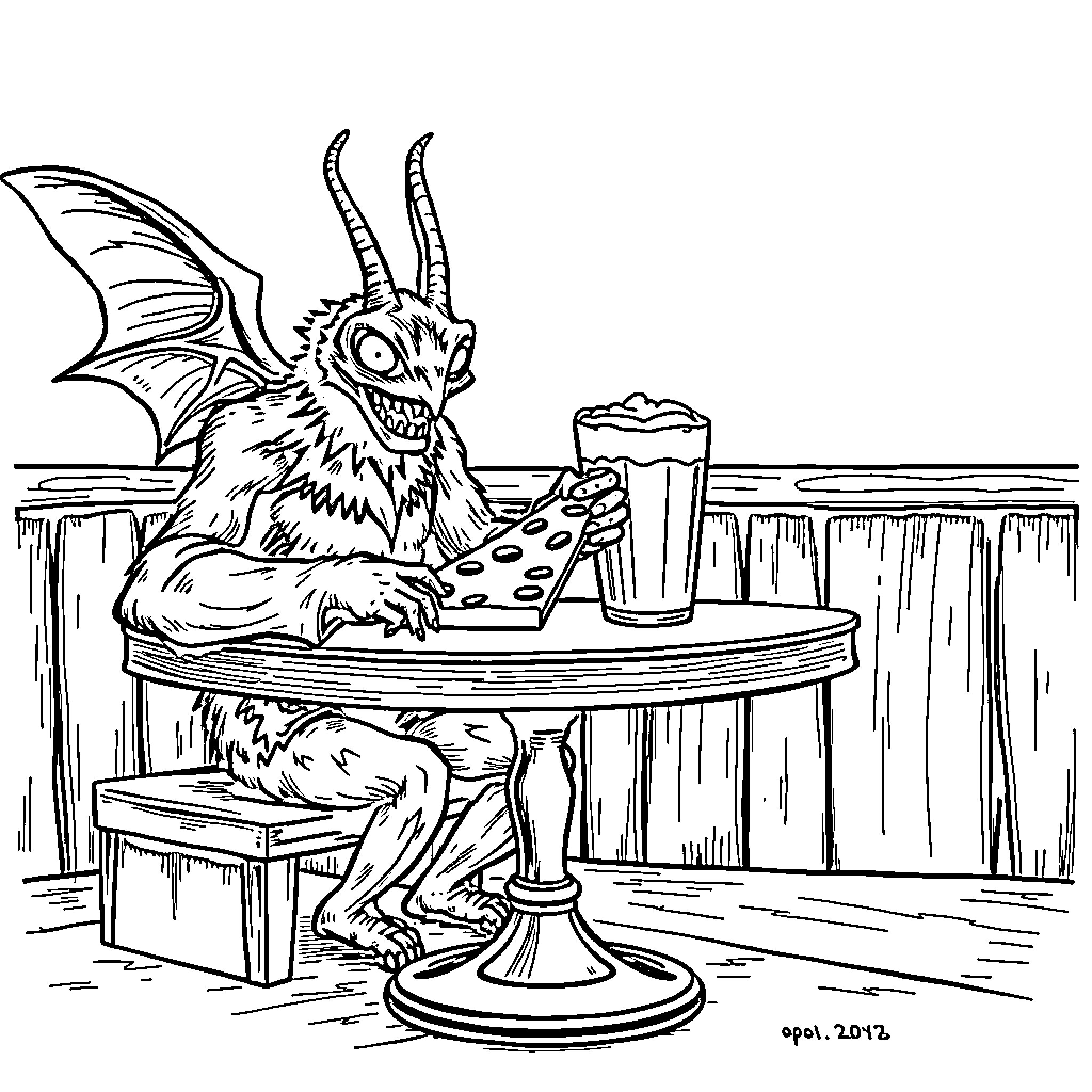 Mothman enjoying a beverage in a cozy pub Coloring Page (free black-and-white line drawing printable PDF for all, from beginners to advanced learners, including children, teens, adults, and seniors)