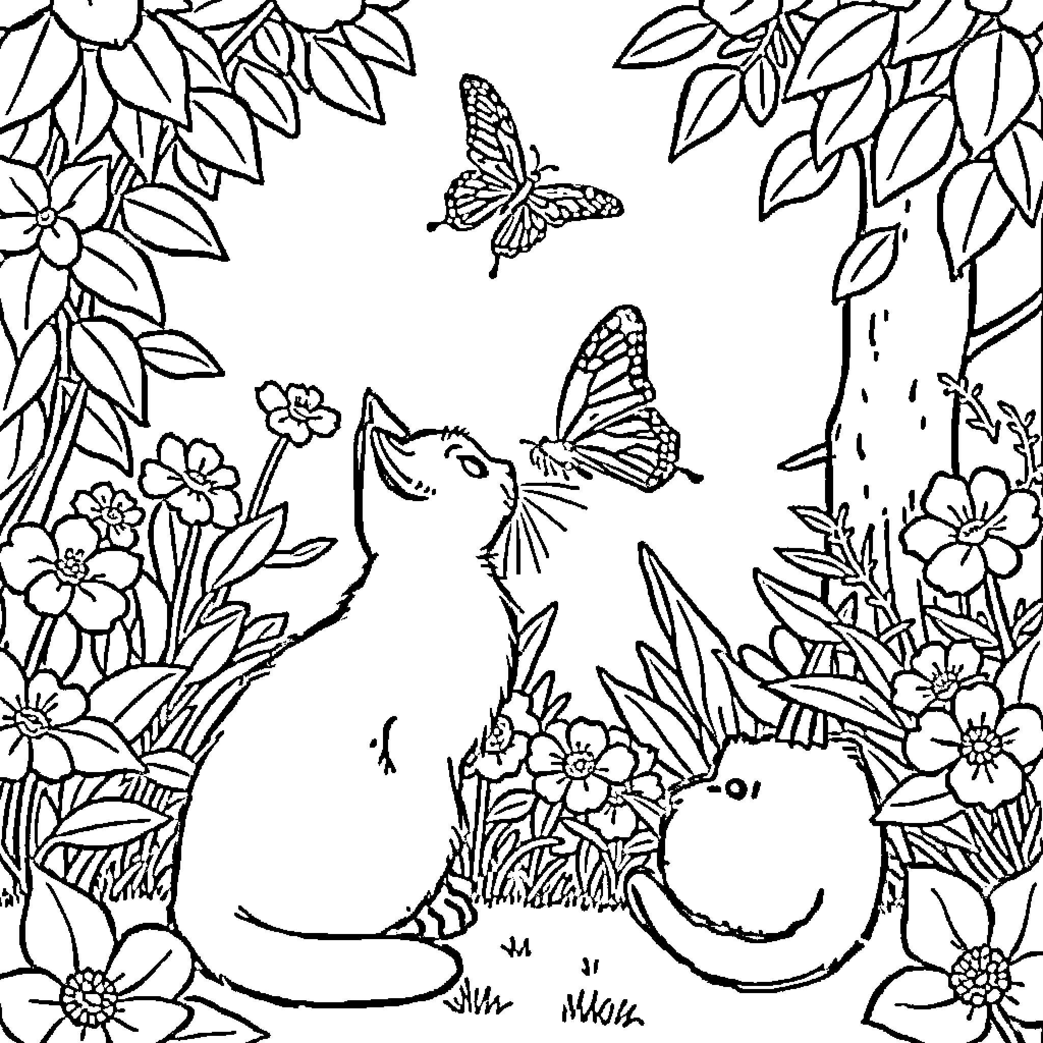 Cat and Butterfly in Floral Garden Coloring Page (free black-and-white line drawing printable PDF for all, from beginners to advanced learners, including children, teens, adults, and seniors)