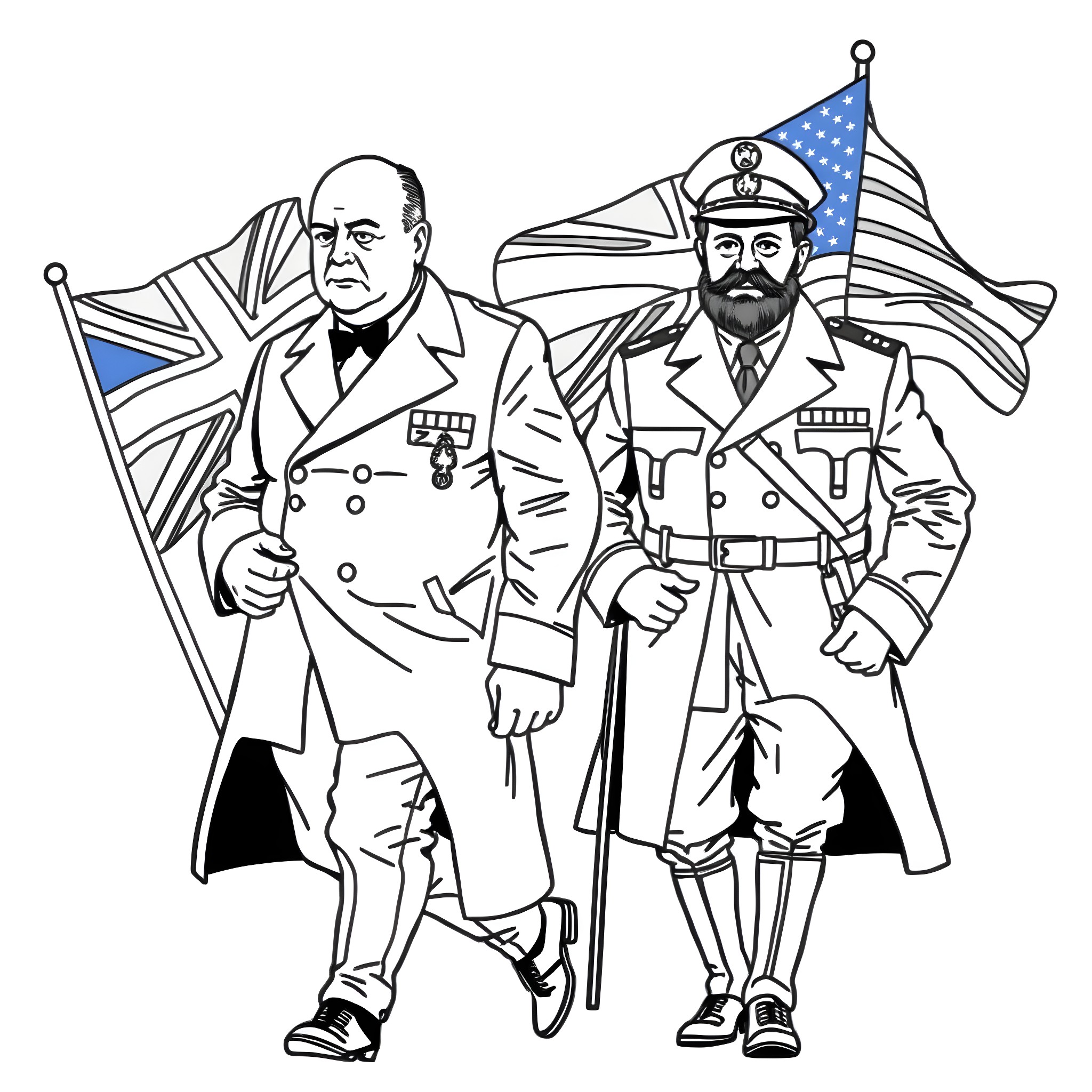Winston Churchill and a naval officer posing with flags Coloring Page (free black-and-white line drawing printable PDF for all, from beginners to advanced learners, including children, teens, adults, and seniors)