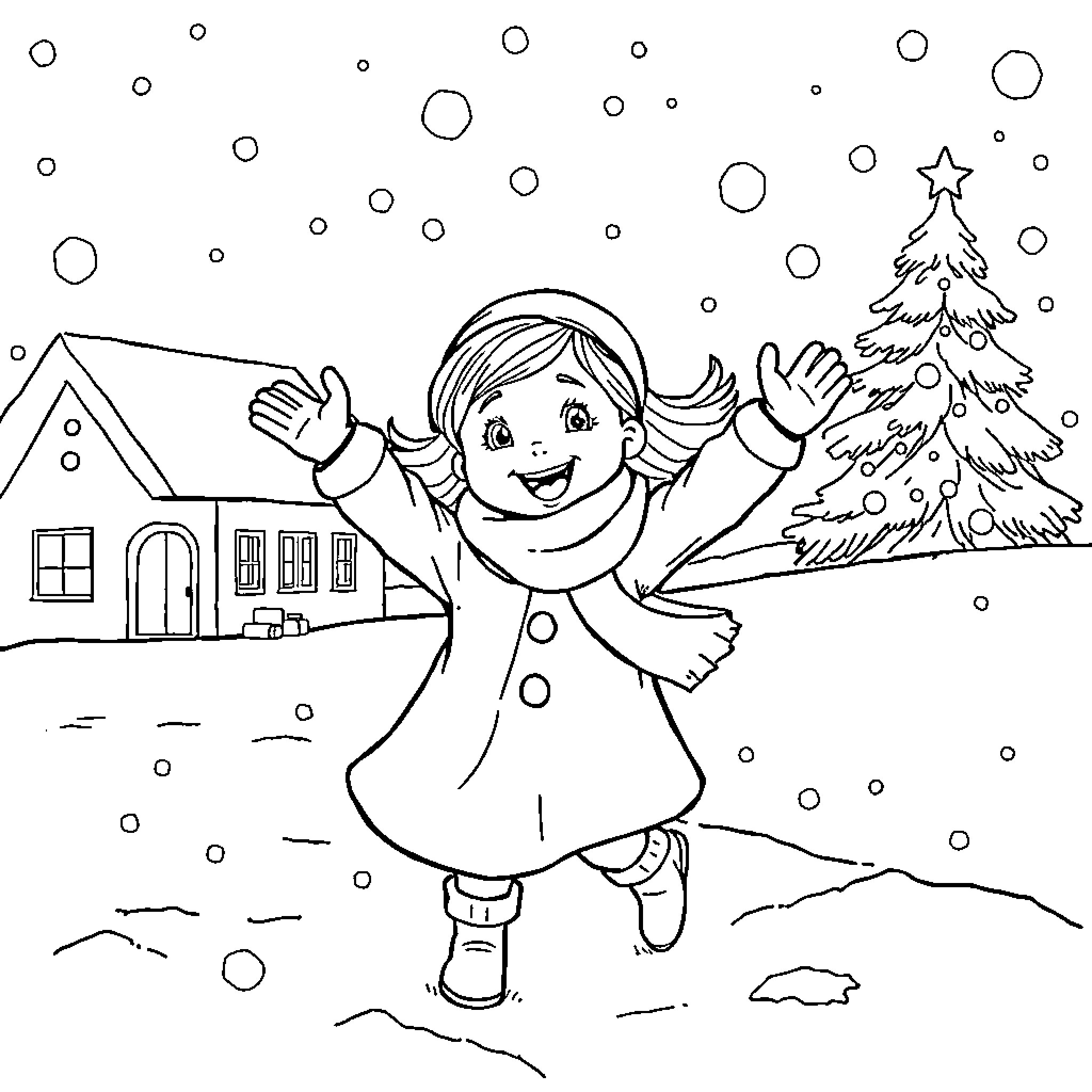 Christmas Girl Joyfully Playing in the Snow Coloring Page (free black-and-white line drawing printable PDF for all, from beginners to advanced learners, including children, teens, adults, and seniors)