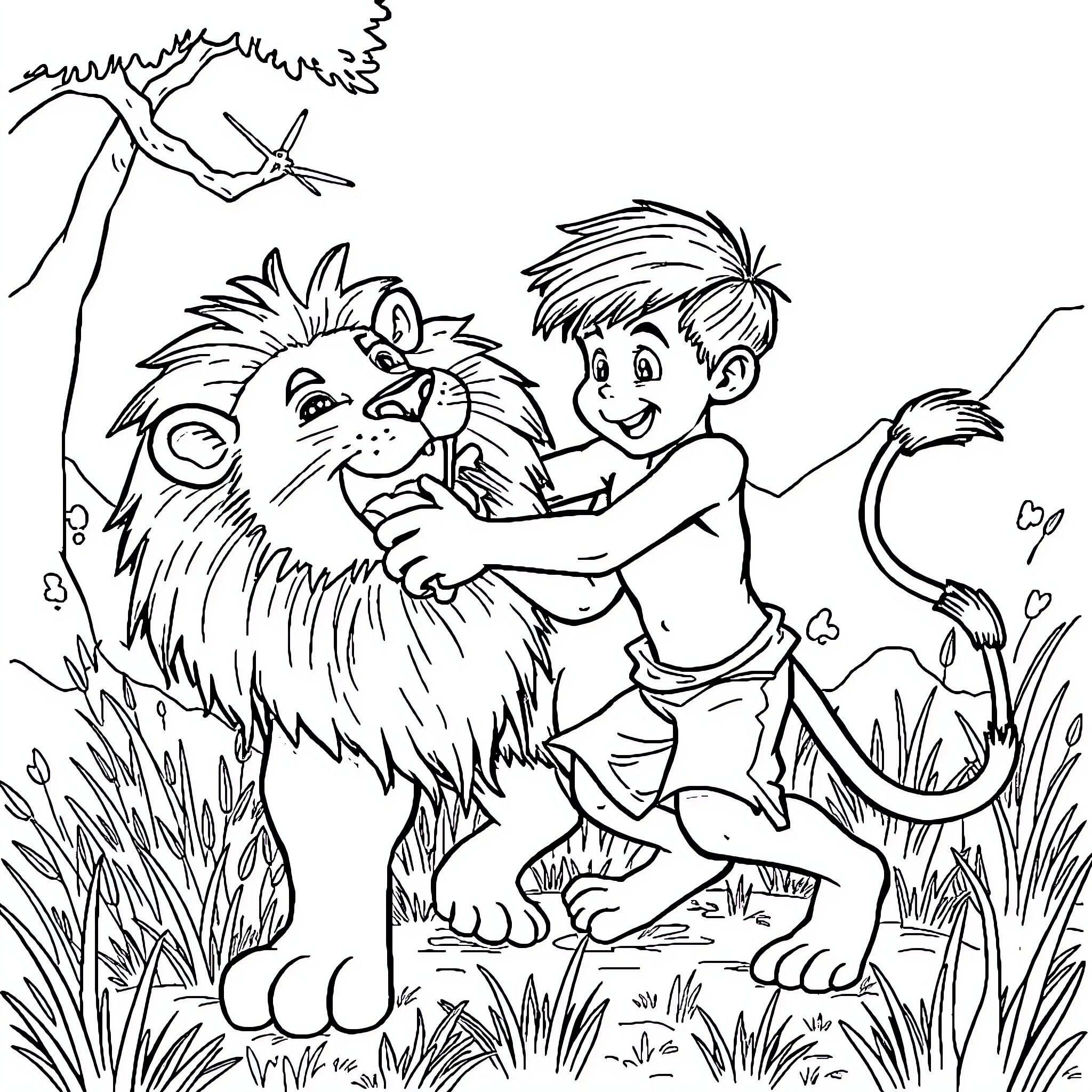 Boy plays joyfully with friendly lion in the wilderness Coloring Page (free black-and-white line drawing printable PDF for all, from beginners to advanced learners, including children, teens, adults, and seniors)