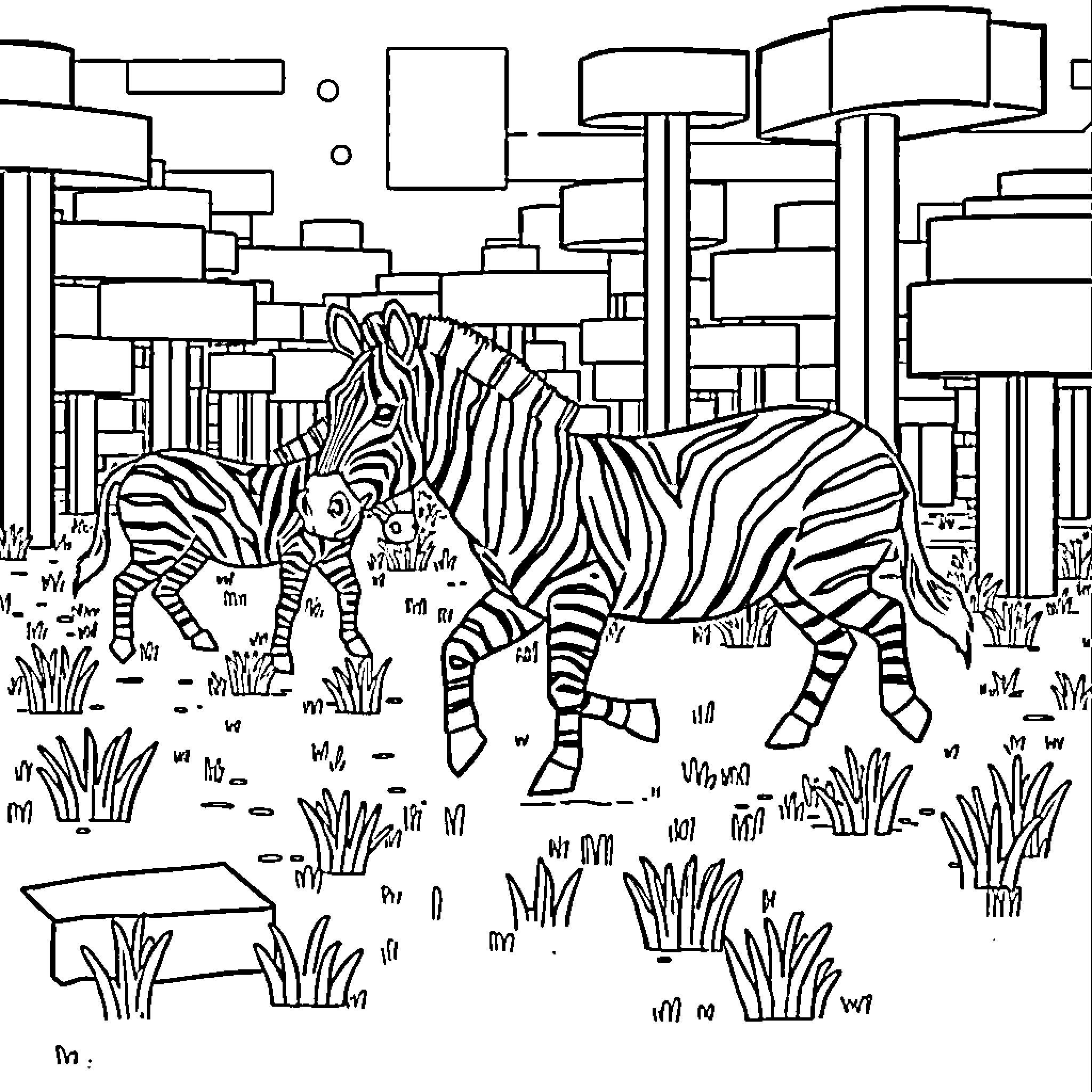Zebras roaming in a modern cityscape Coloring Page (free black-and-white line drawing printable PDF for all, from beginners to advanced learners, including children, teens, adults, and seniors)