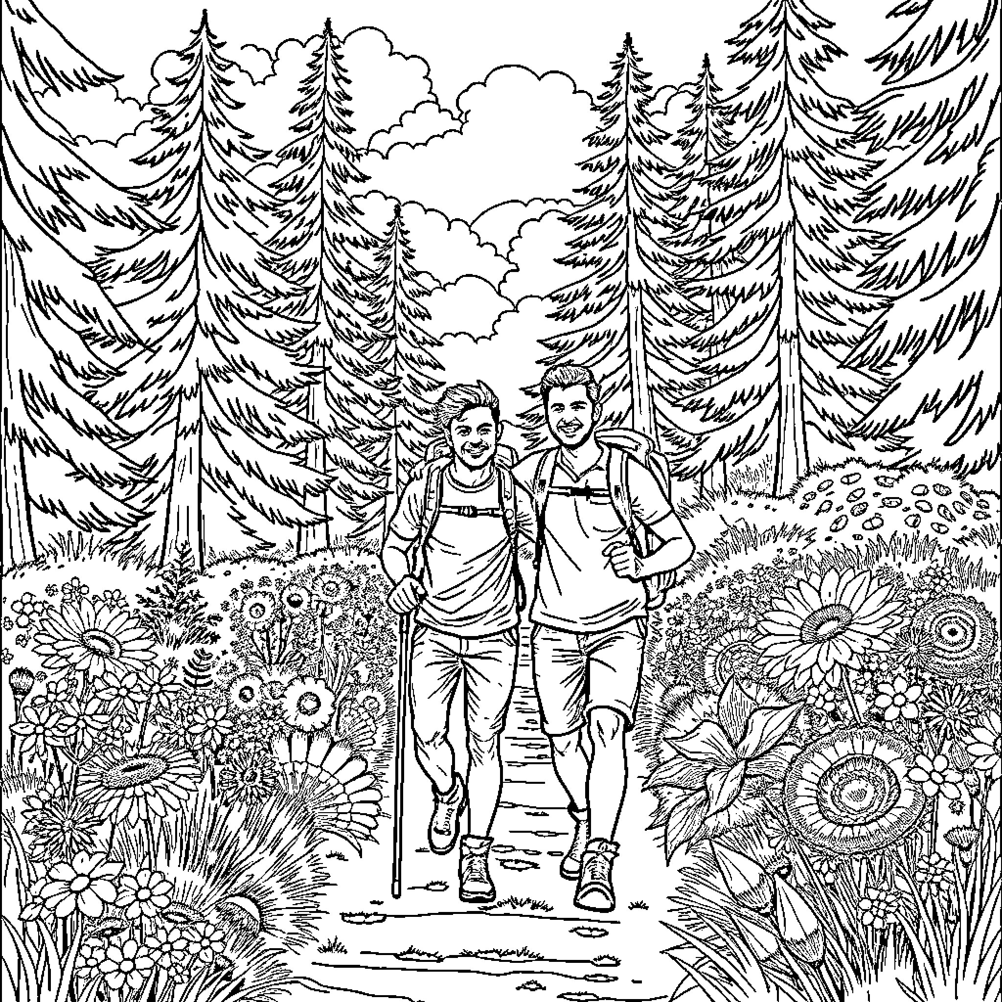 Gay Guys enjoying a scenic hike in the woods Coloring Page (free black-and-white line drawing printable PDF for all, from beginners to advanced learners, including children, teens, adults, and seniors)