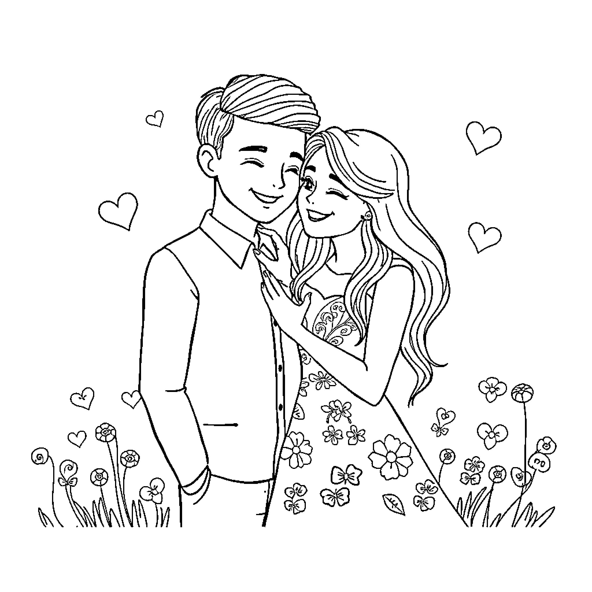 You Embracing Lovingly in Floral Garden Coloring Page (free black-and-white line drawing printable PDF for all, from beginners to advanced learners, including children, teens, adults, and seniors)