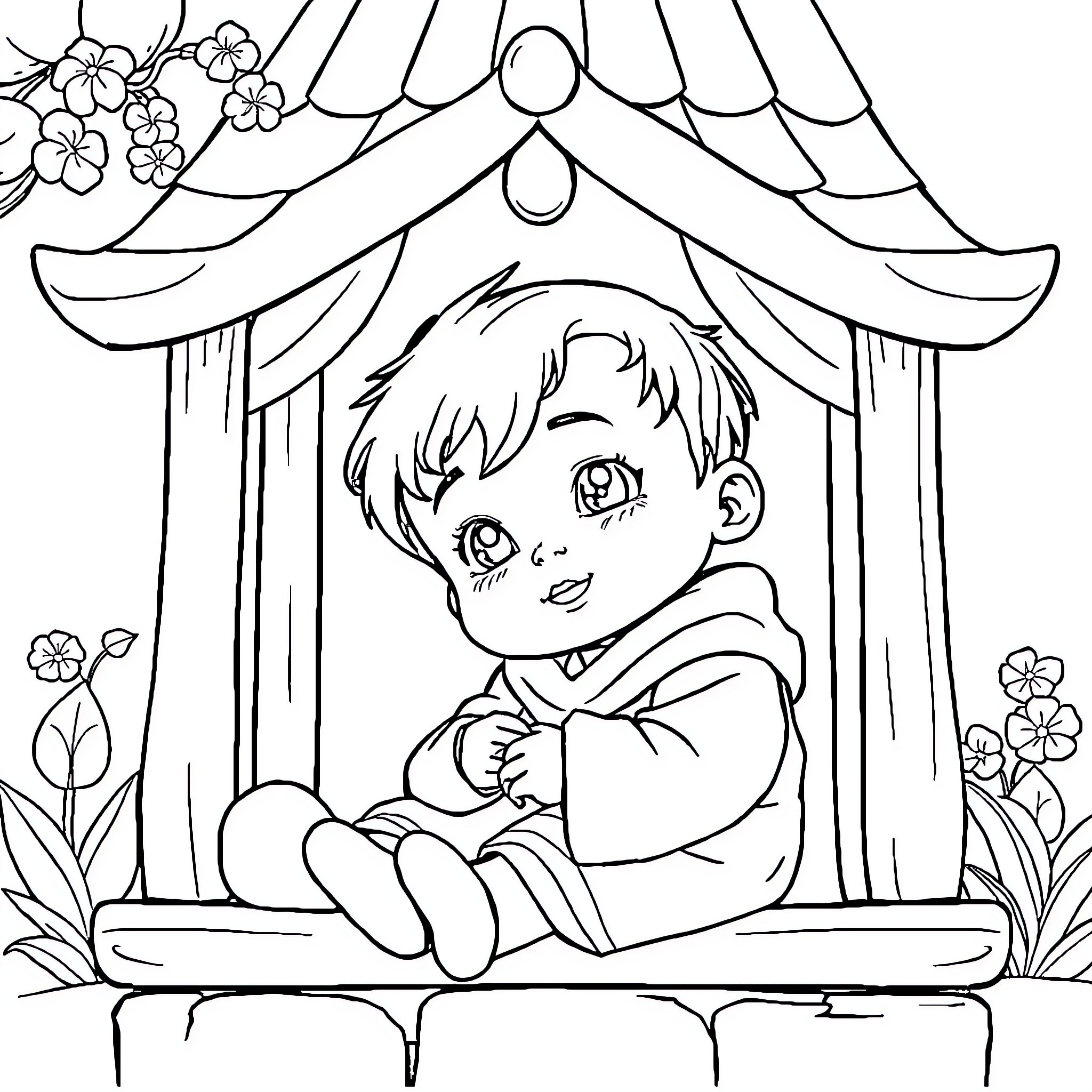 Child sitting in a flower-adorned window Coloring Page (free black-and-white line drawing printable PDF for all, from beginners to advanced learners, including children, teens, adults, and seniors)