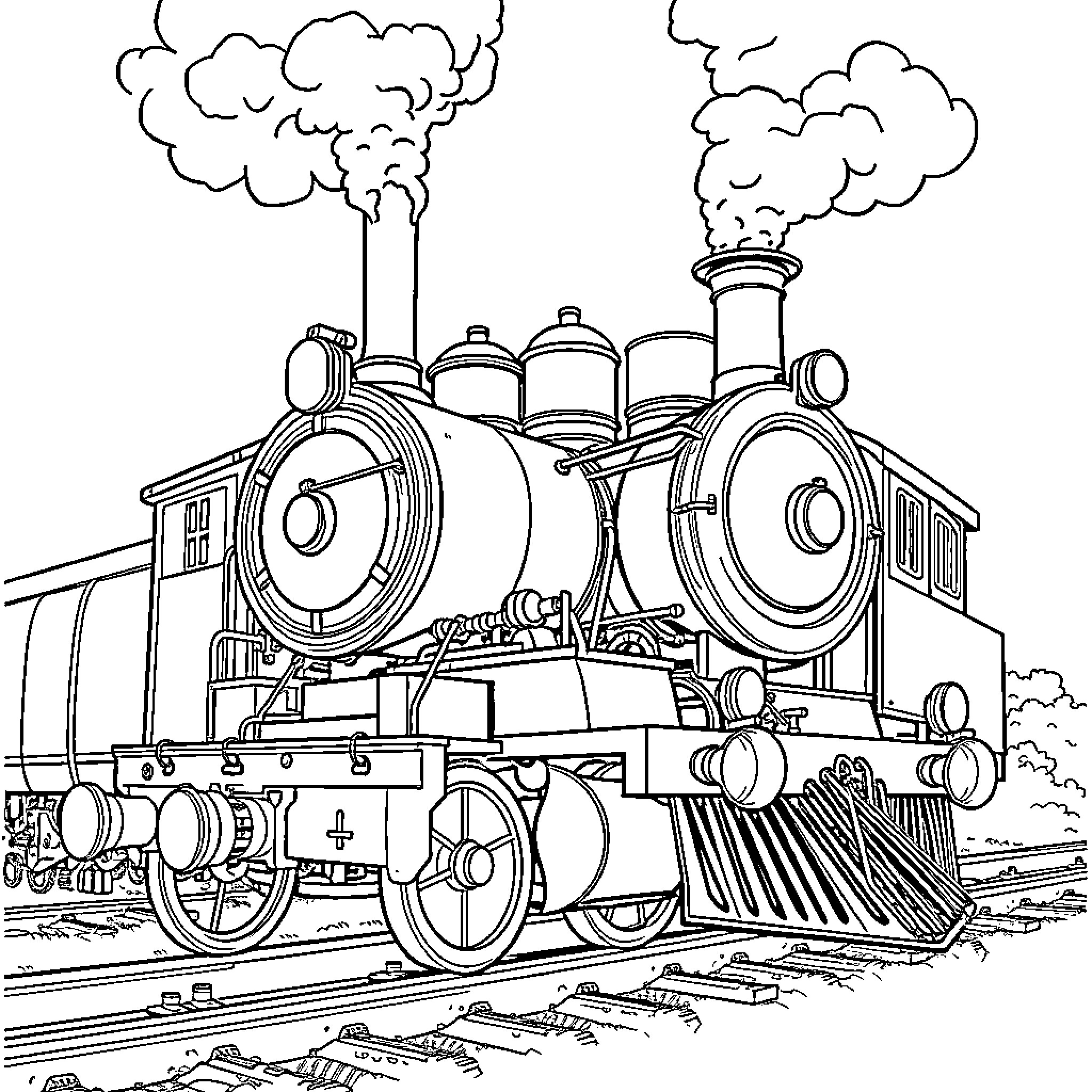 Steam Engine Train Pulling Heavy Load Coloring Page (free black-and-white line drawing printable PDF for all, from beginners to advanced learners, including children, teens, adults, and seniors)