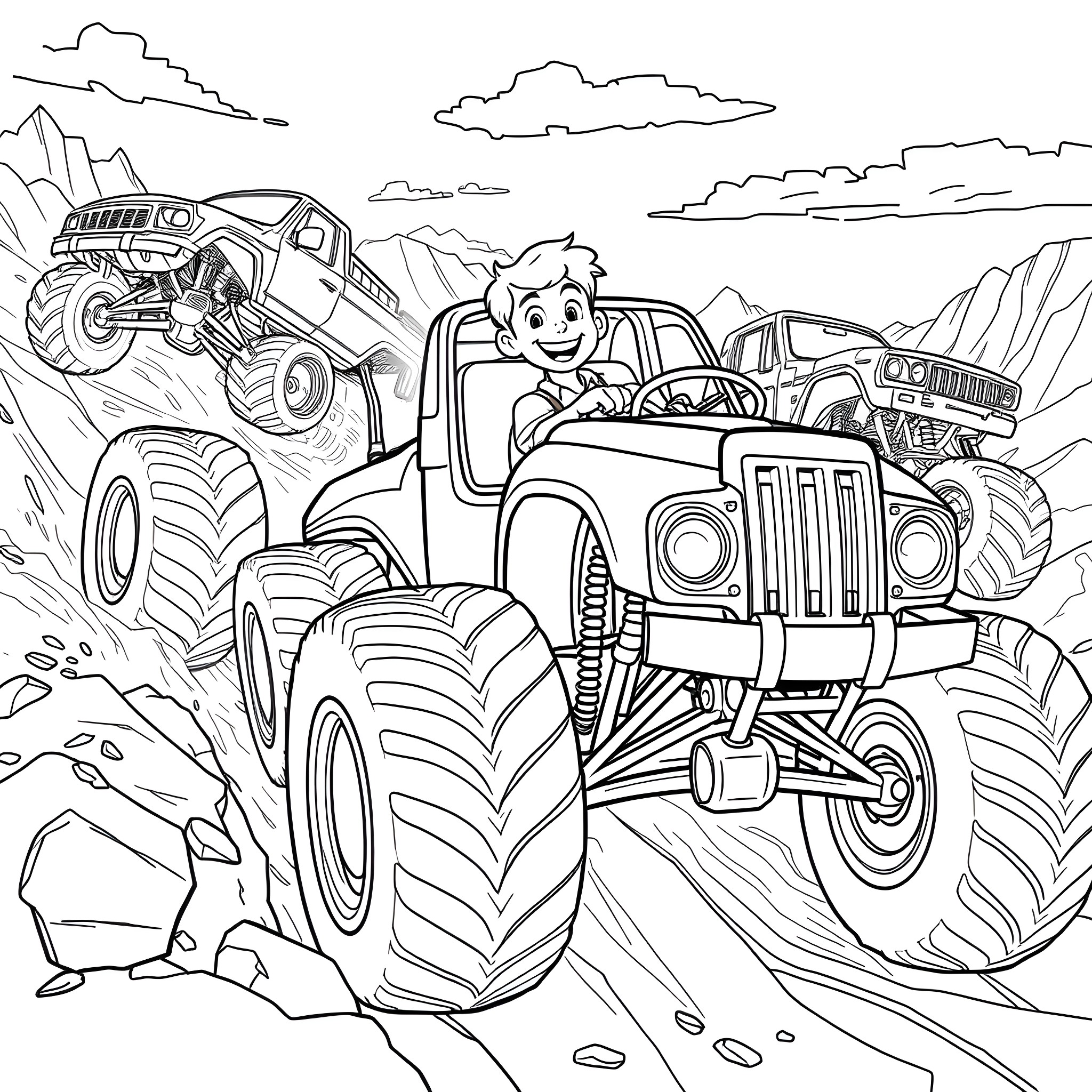 Monster Truck Adventure in the Mountains Coloring Page (free black-and-white line drawing printable PDF for all, from beginners to advanced learners, including children, teens, adults, and seniors)