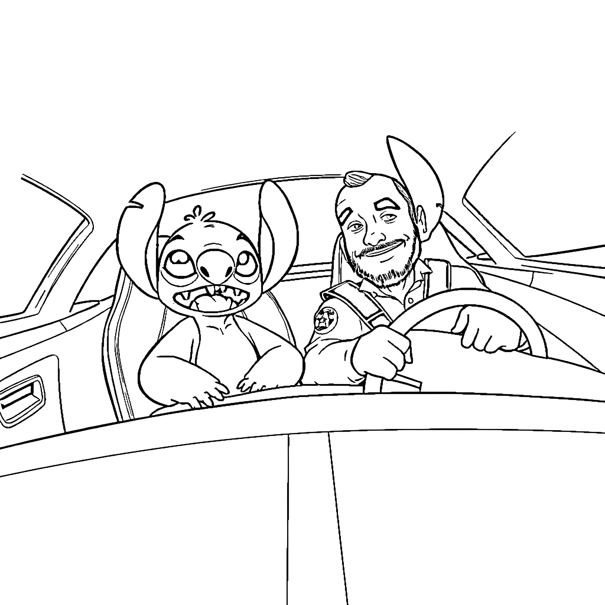 Car Ride with Lively Characters Coloring Page (free black-and-white line drawing printable PDF for all, from beginners to advanced learners, including children, teens, adults, and seniors)