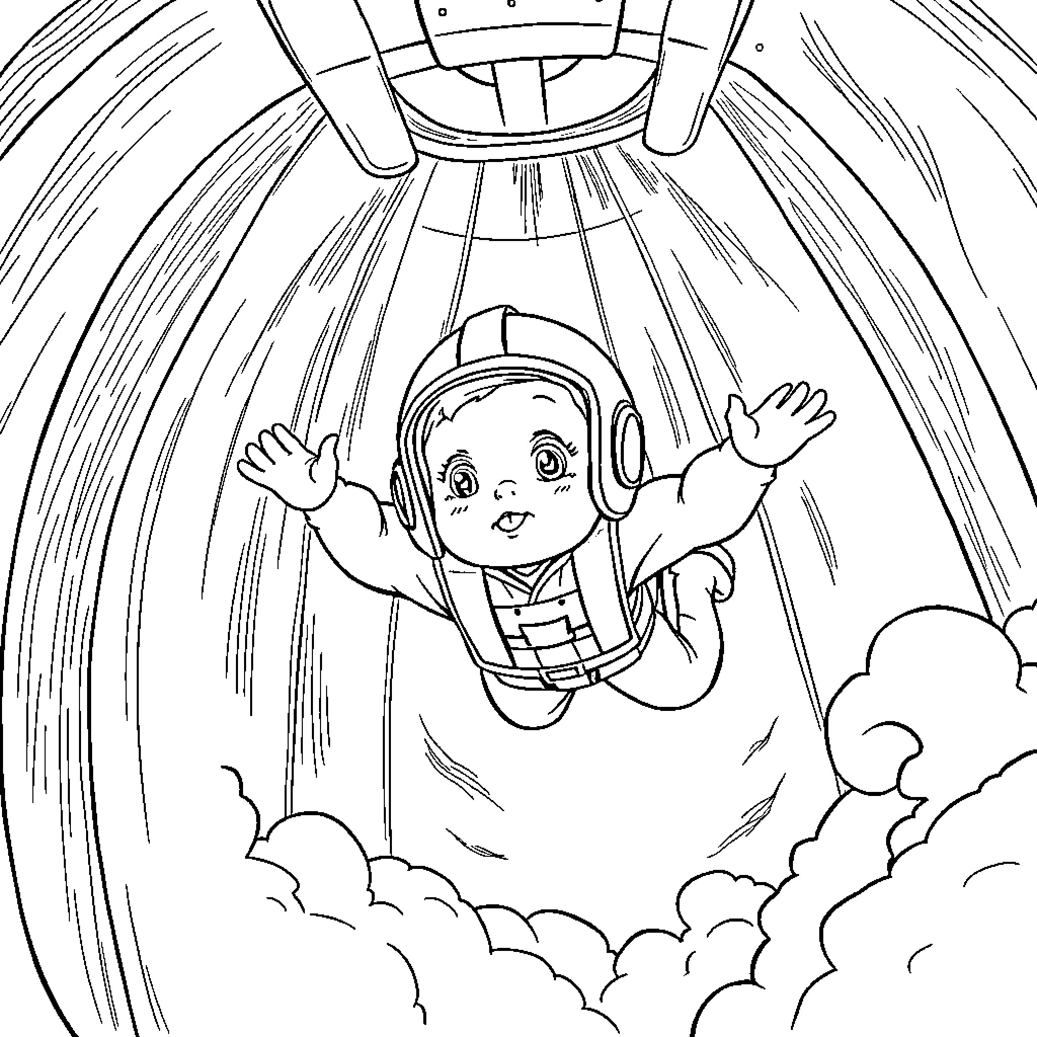 Infant in a hot air balloon soaring through the sky Coloring Page (free black-and-white line drawing printable PDF for all, from beginners to advanced learners, including children, teens, adults, and seniors)